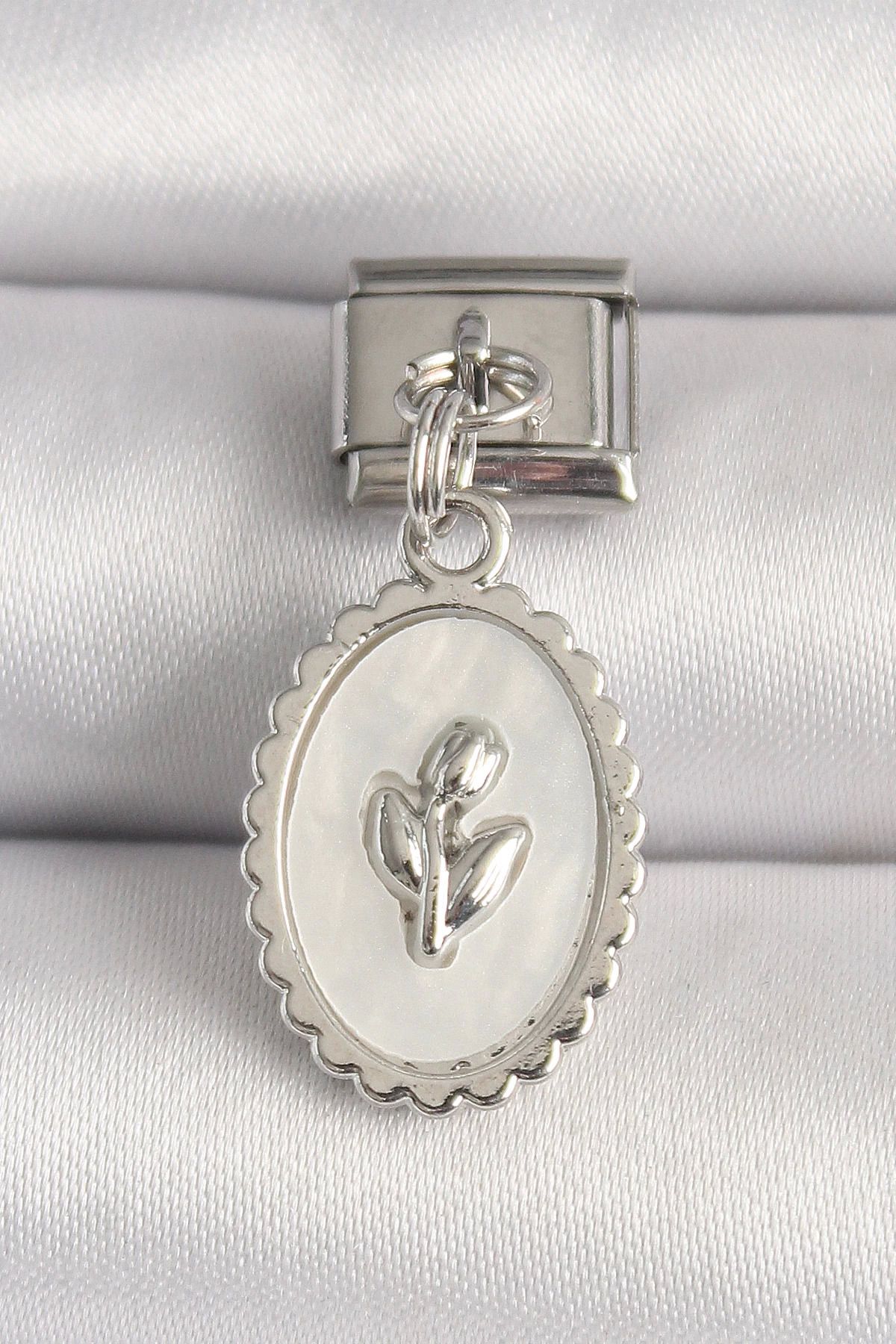 Vita Premio BFS 316L Çelik Gümüş Renk Beyaz Mineli Çiçek İşlemeli Nomination Charm