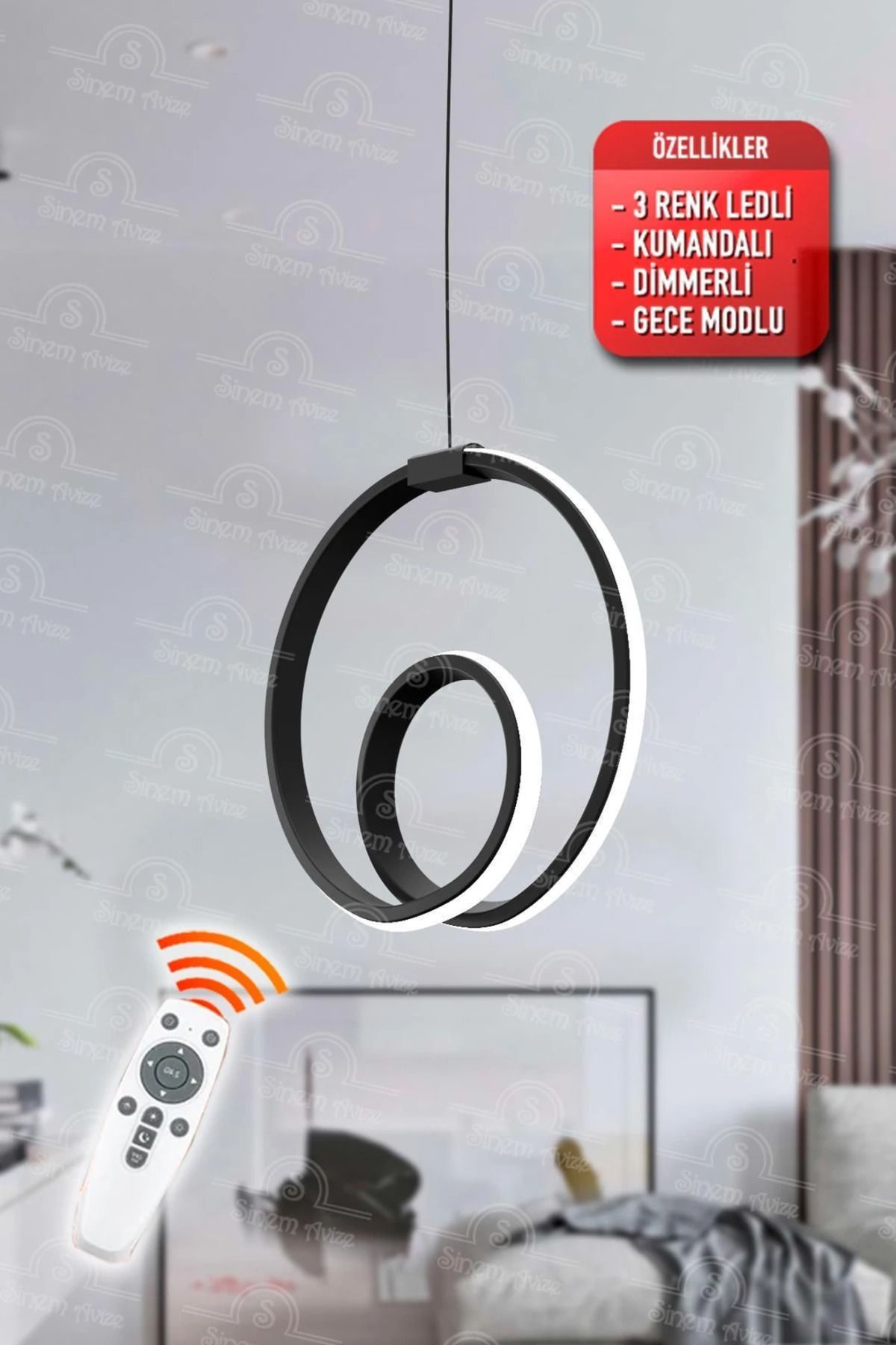 durulight Siyah Kumandalı 3 Renk Ledli Dimmerli Modern Ledli Avize