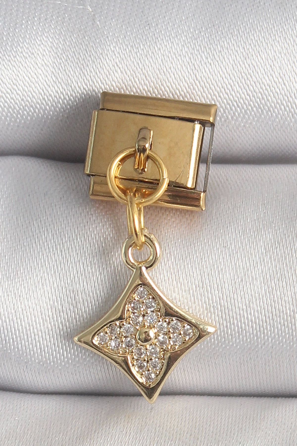 Vita Premio BFS 316L Çelik Gold Renk Sallantı Zirkon Taşlı Çiçek İşlemeli Nomination Charm