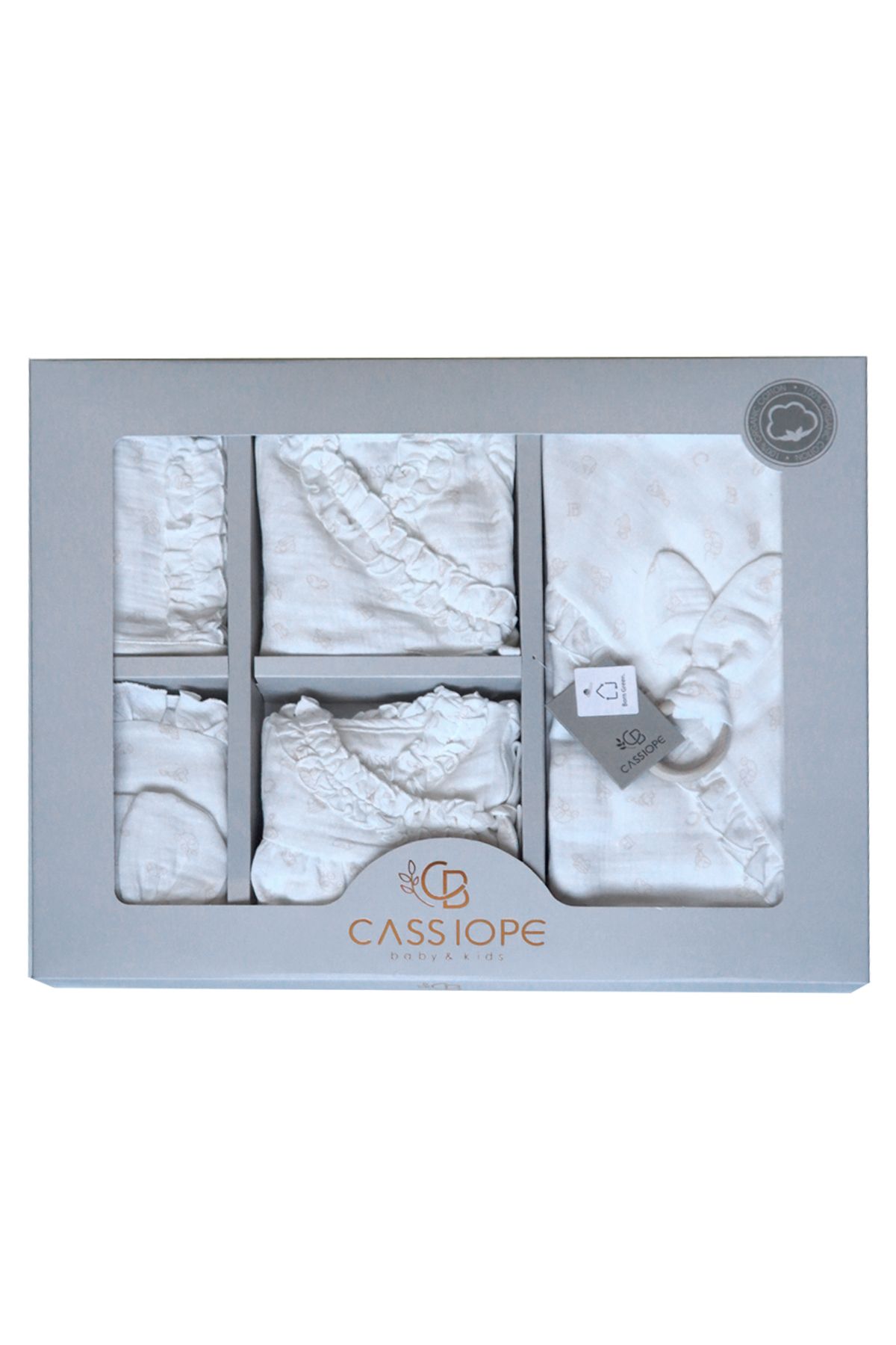 Cassiope Allin'co - Cassiope %100 organik pamuklu Müslin Yenidoğan Bebek Hastane Çıkış Seti Beyaz
