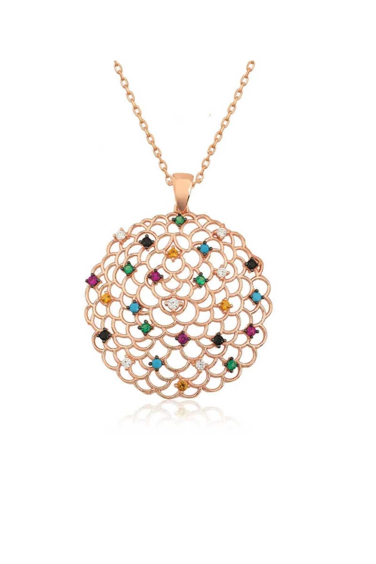 Safur Gümüşçülük Gümüş Rose Geometrik Desenli Madalyon Kolye