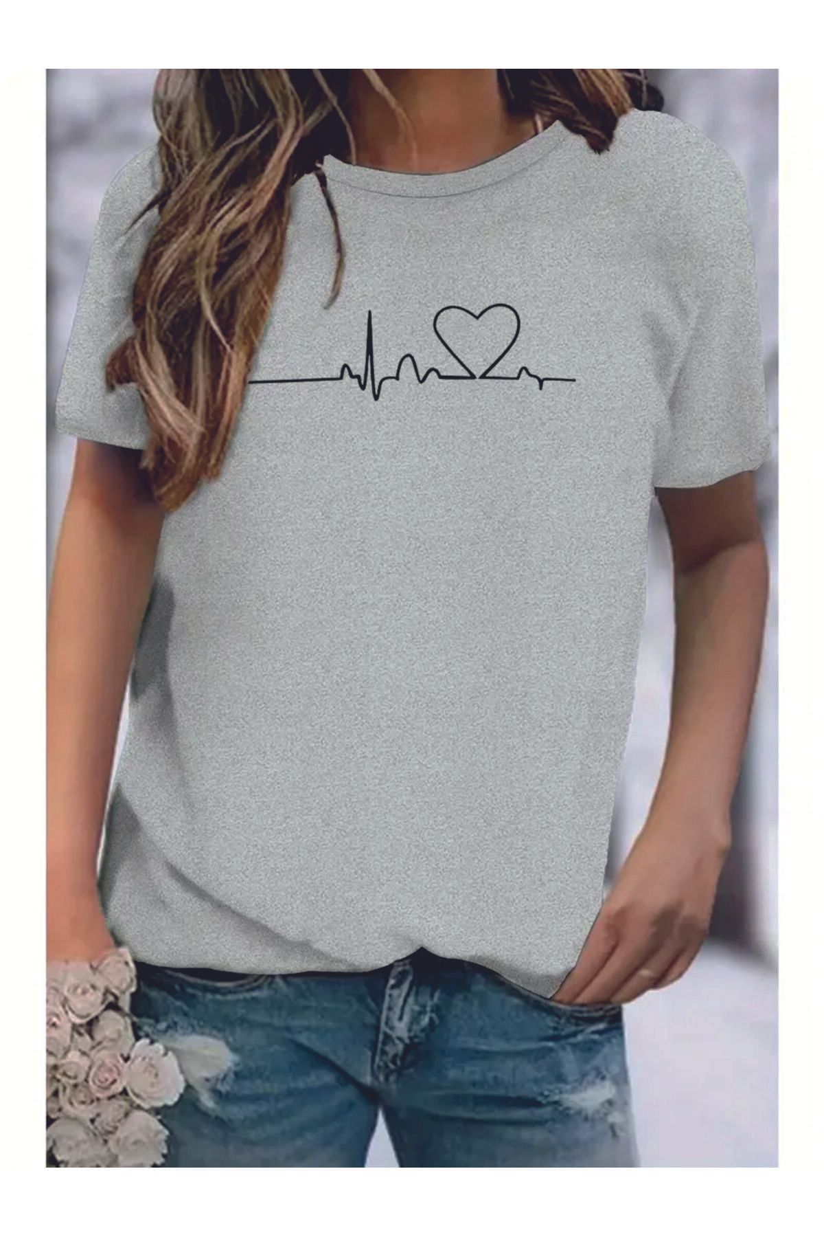 HOFFNUNG T SHIRT Kadınlar İçin heart puls oversize Boy Nefes Alabilen Düşük Omuzlu Tişört