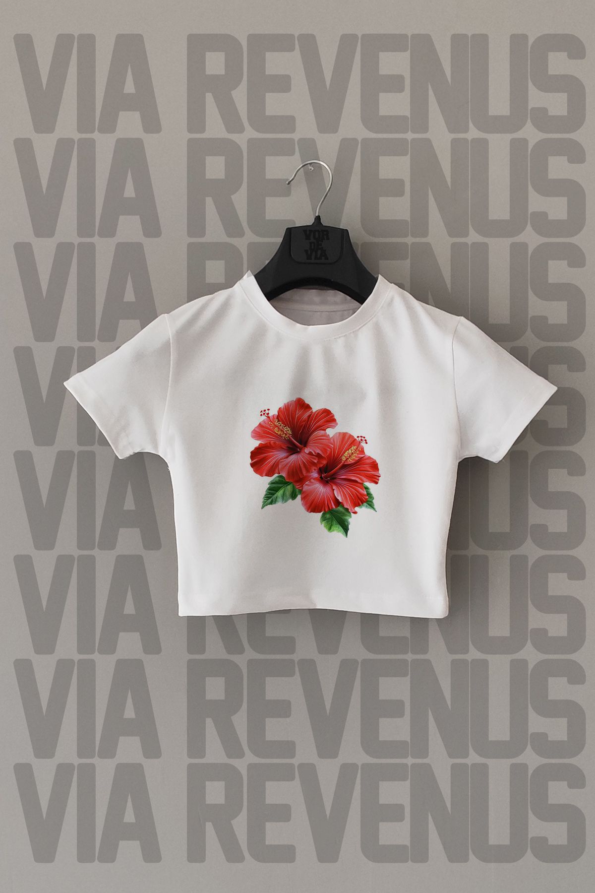 Vordevia Hibiskus Çiçek Baskılı Dar Kalıp Pamuklu Crop