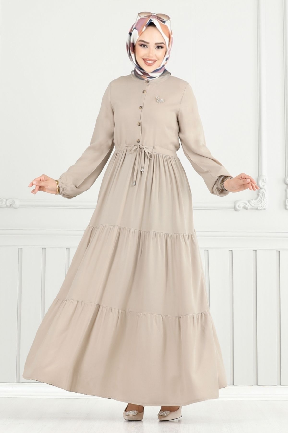 ModaMerve-Half Button Dress 2350Bgs895-M Stone 3