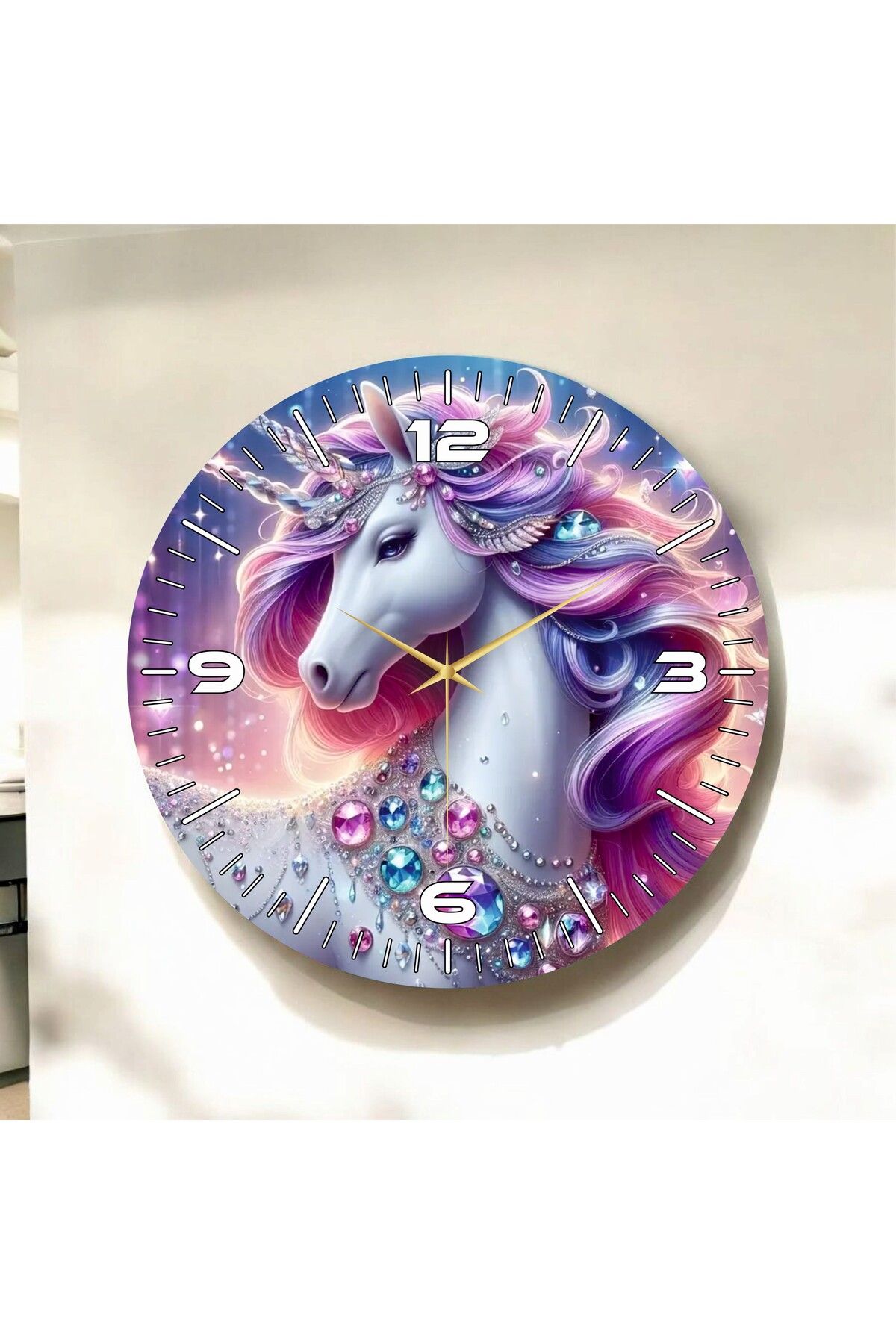 AA Shop Renkli Baskı At Çocuk Desenli Sayılı Hediyelik Ahşap Sessiz Duvar Saati 50cm