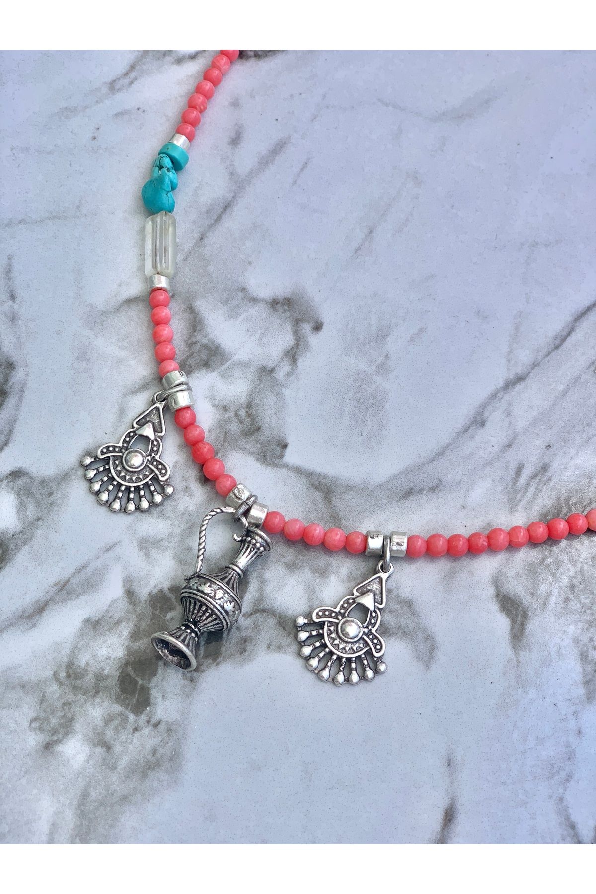 Medusa Accessories Mercan ve Turkuaz Taşlı Etnik Boho Tarzı Kadın Kolye