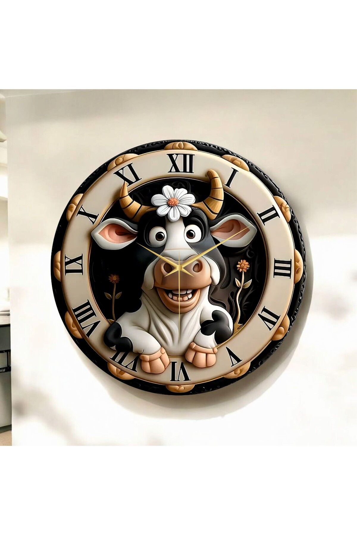 AA Shop Renkli Baskı İnek Çocuk Desenli Sayılı Hediyelik Ahşap Sessiz Duvar Saati 50cm