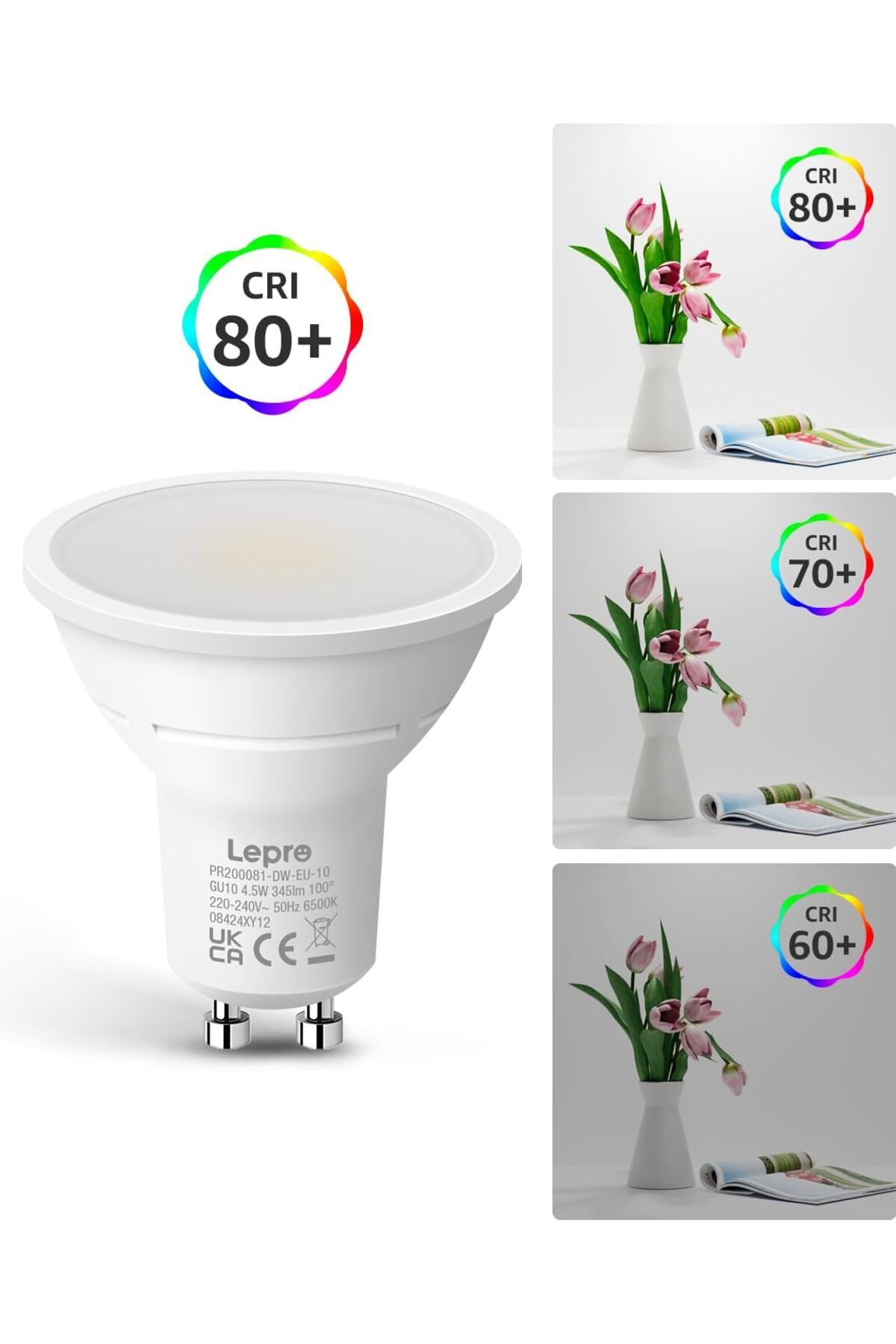 LEPRO-GU10 LED Bulbs, Daylight White 6500K, 100° Wide Beam Spot Light, 4W 345lm, 50W Halogen Spotli 9