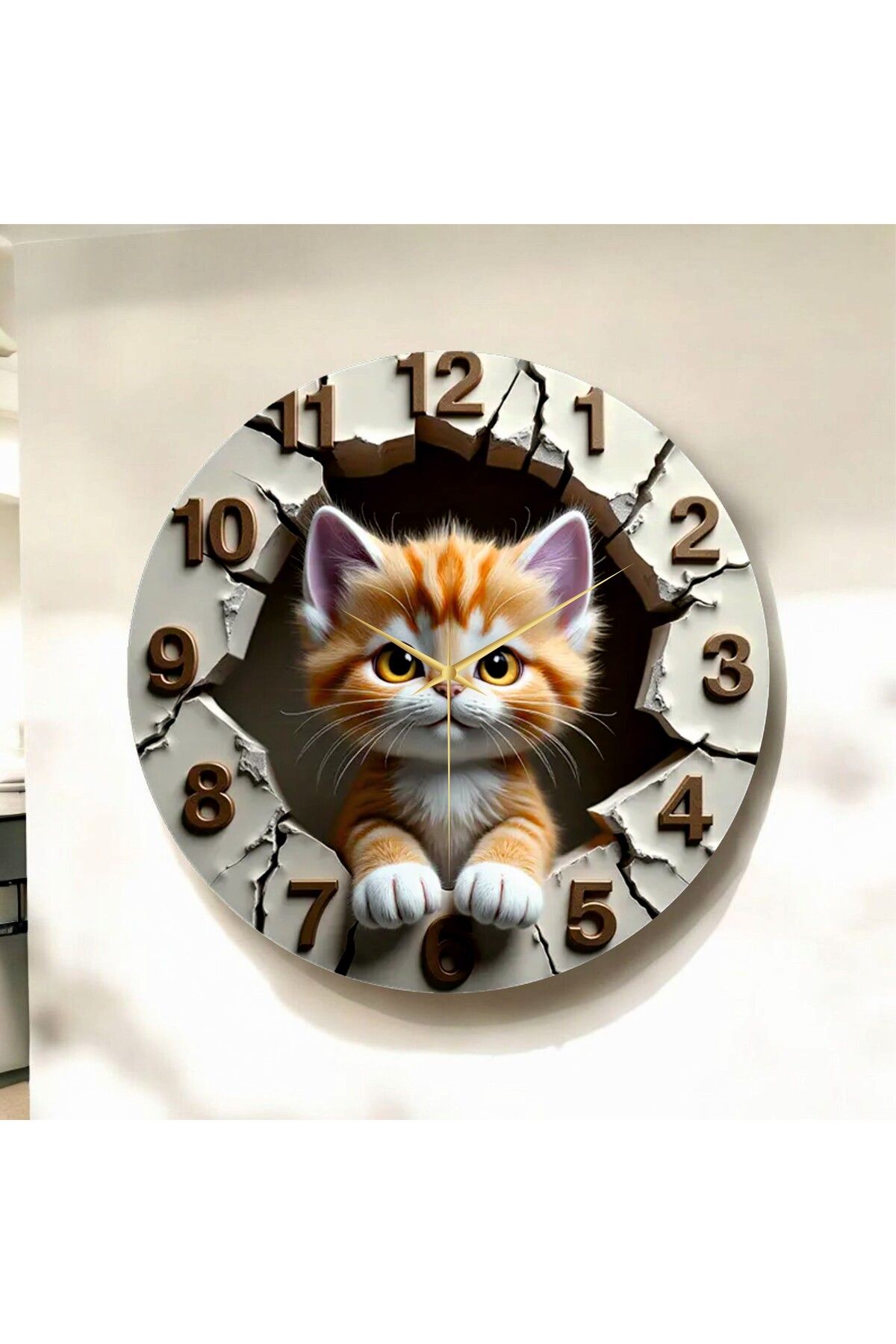 AA Shop Renkli Baskı Kedi Çocuk Desenli Sayılı Hediyelik Ahşap Sessiz Duvar Saati 50cm