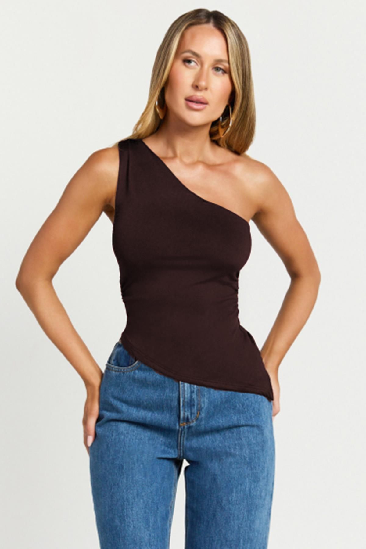 Madmext Kahverengi Tek Omuzlu Basic Kadın Body MG2498
