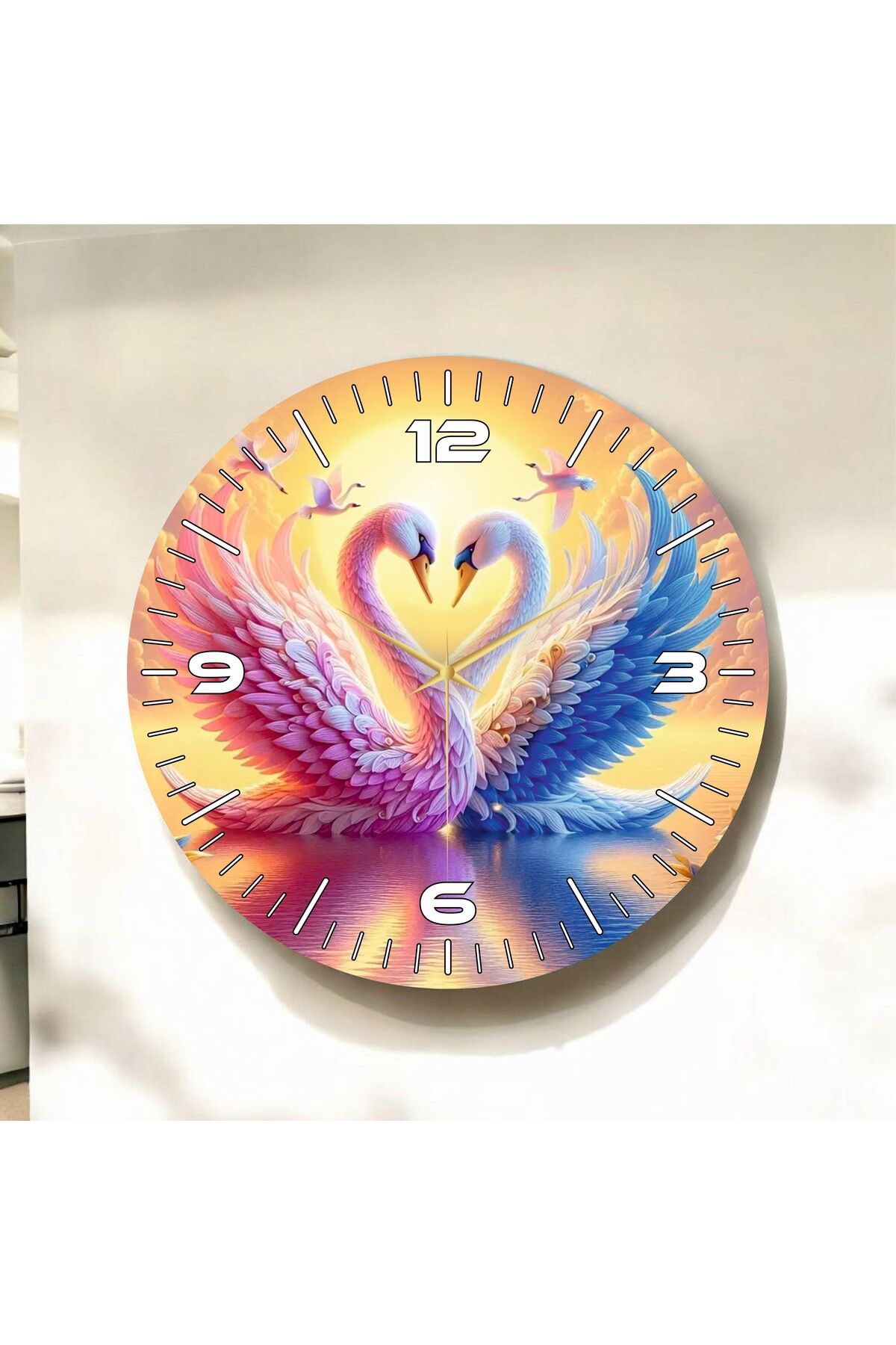 AA Shop Renkli Baskı Kuğu Aşk Desenli Sayılı Hediyelik Ahşap Sessiz Duvar Saati 50cm