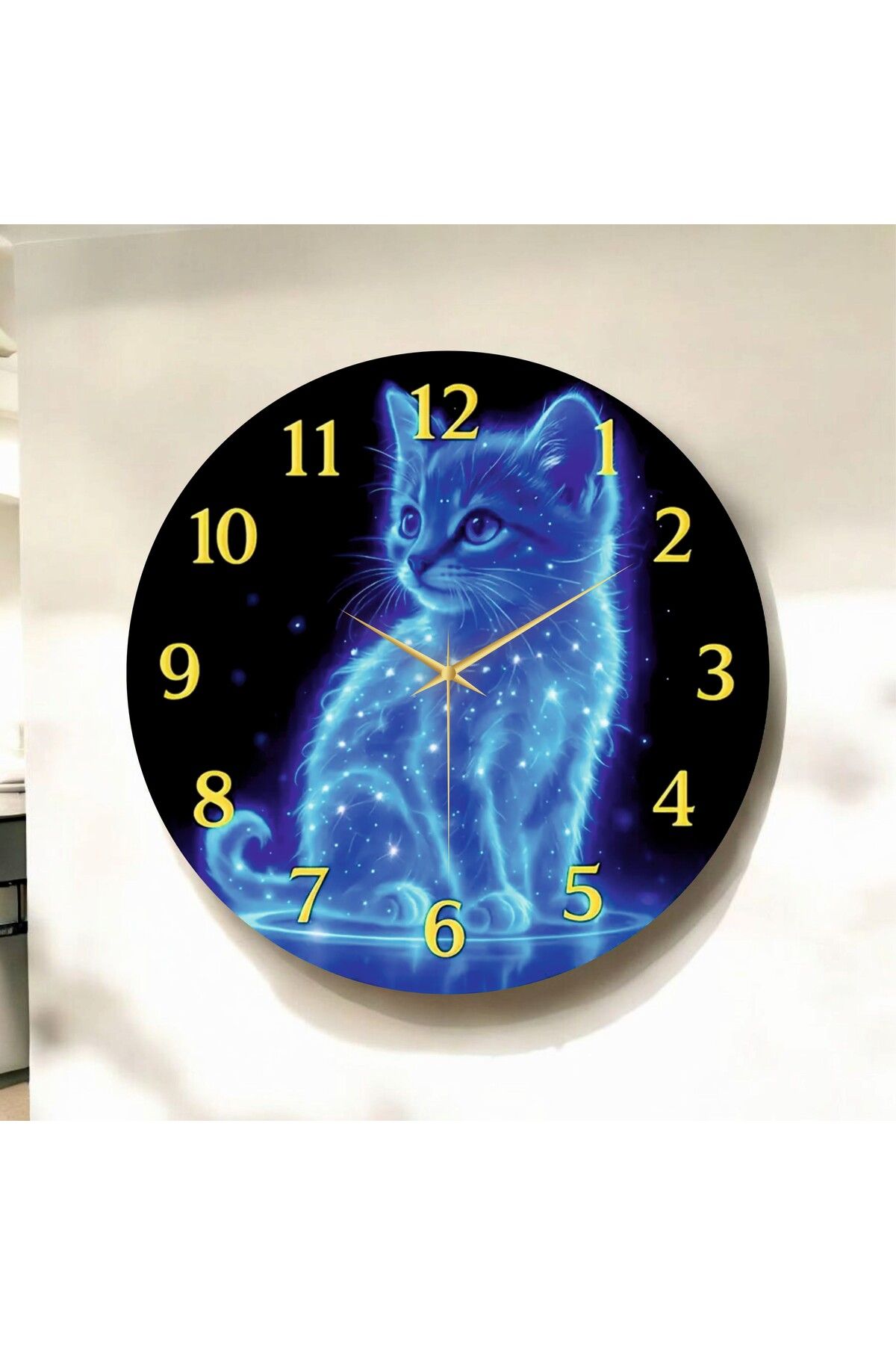 AA Shop Renkli Baskı Kedi Dijital Desenli Sayılı Hediyelik Ahşap Sessiz Duvar Saati 50cm