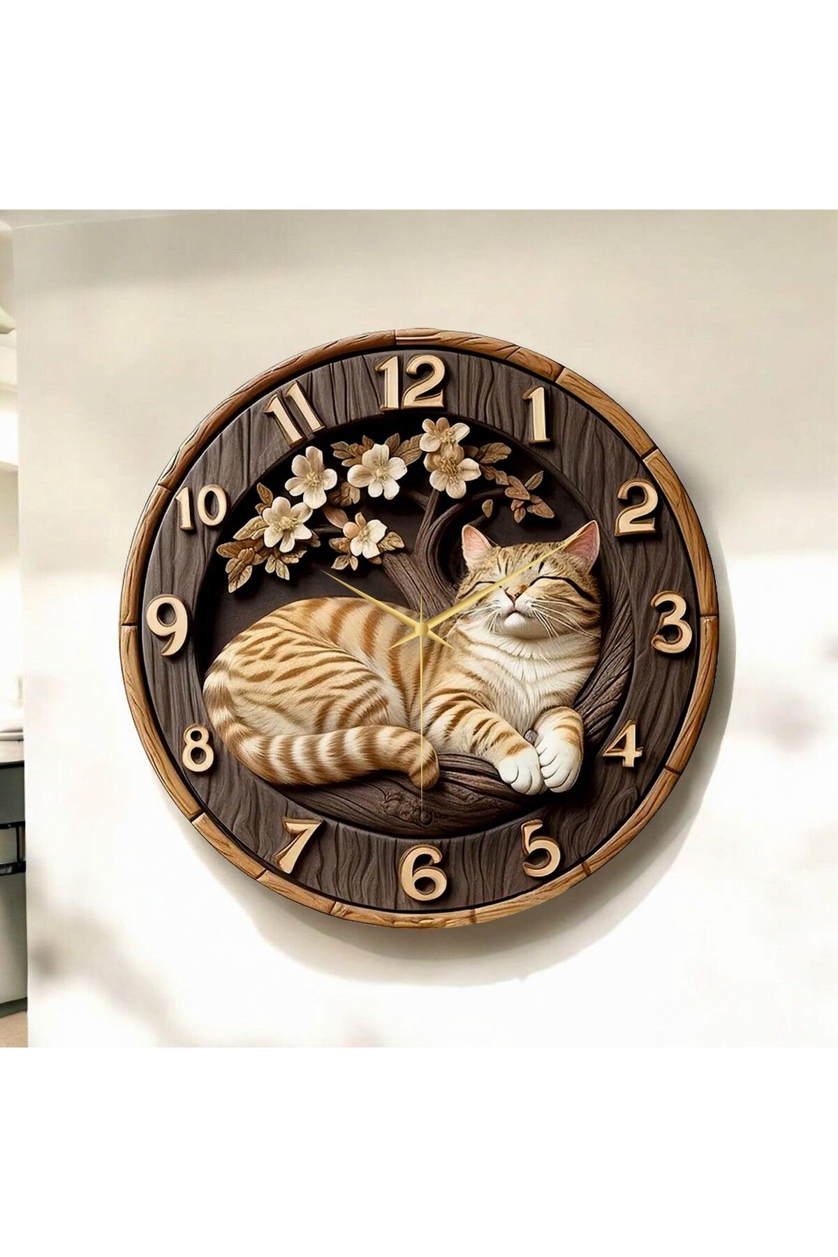 AA Shop Renkli Baskı Kedi Çocuk Desenli Sayılı Hediyelik Ahşap Sessiz Duvar Saati 50cm