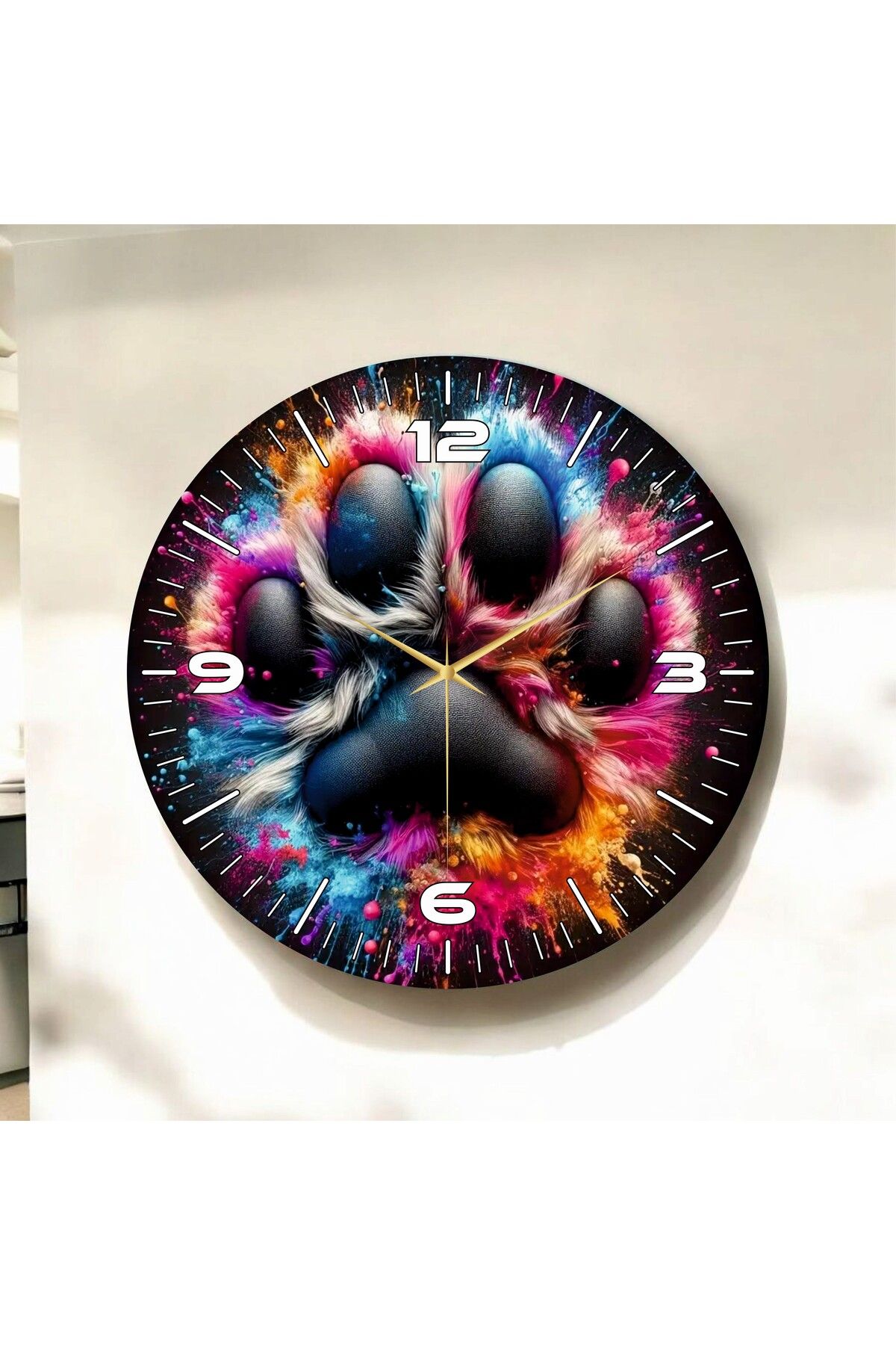AA Shop Renkli Baskı Kedi Pati Çocuk Desenli Sayılı Hediyelik Ahşap Sessiz Duvar Saati 50cm