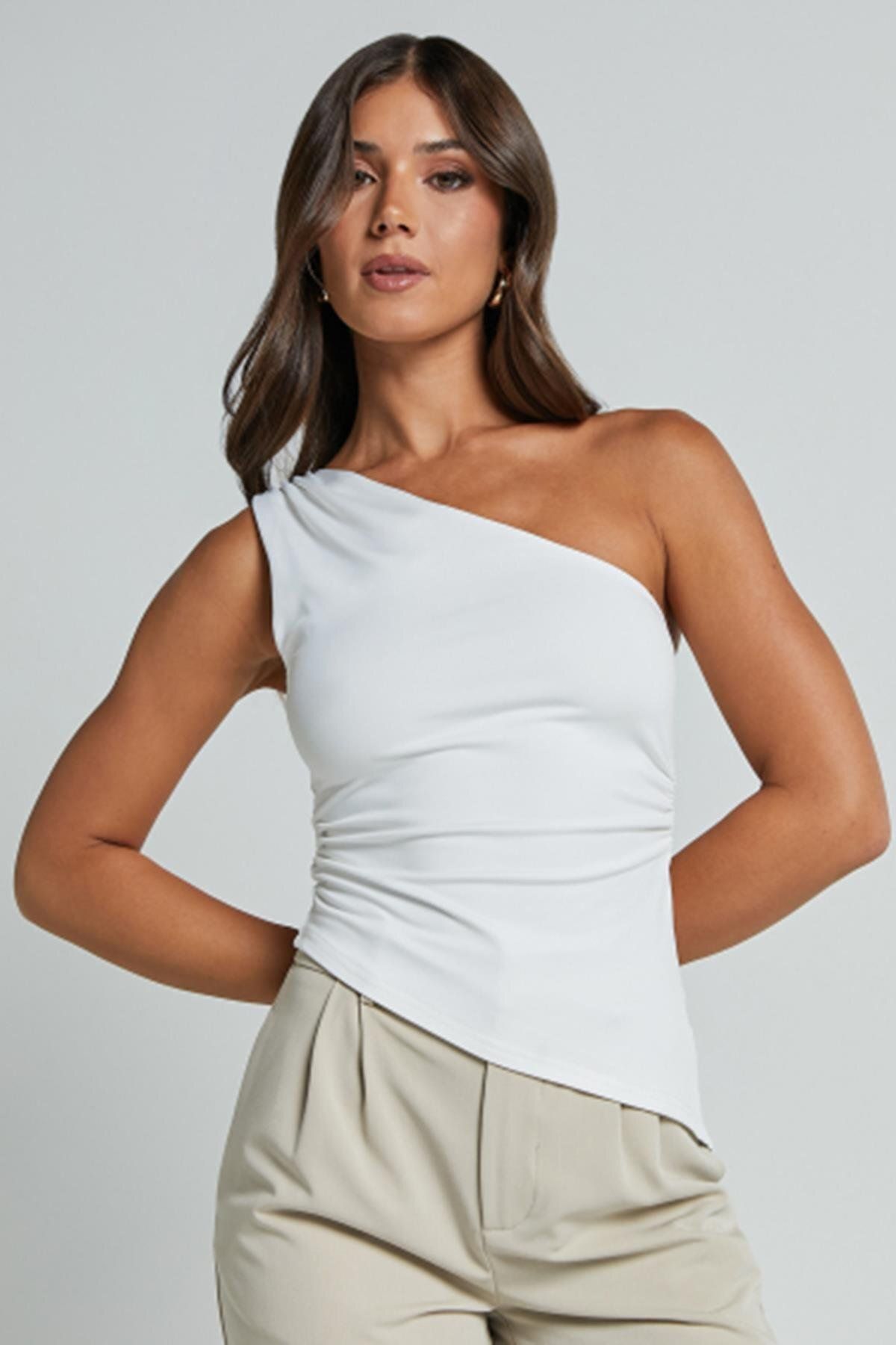 Madmext Beyaz Tek Omuzlu Basic Kadın Body MG2498
