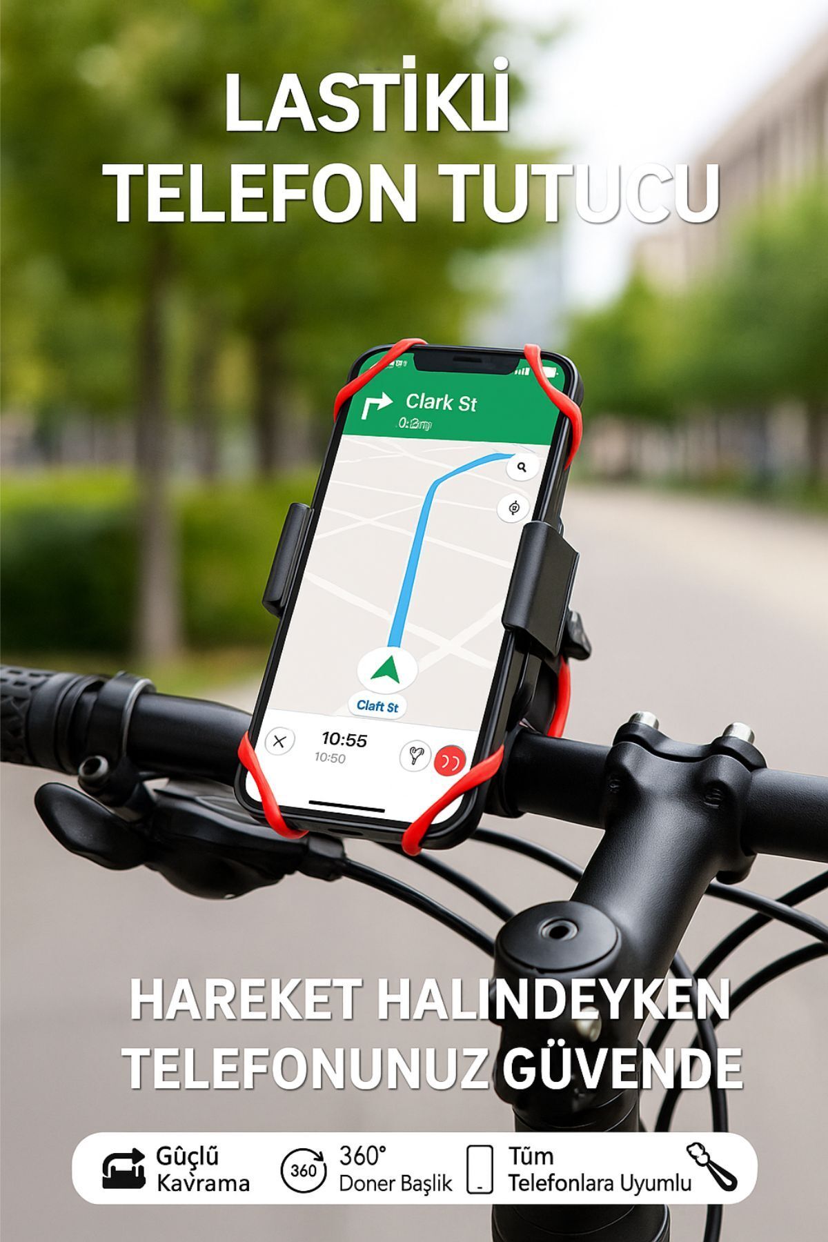 TOYFEST Lastikli 360° Dönebilen Bisiklet Telefon Tutucu – Tüm Modellerle Uyumlu, Gidon Montajlı