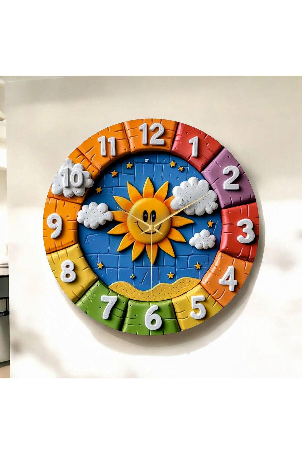 AA Shop Renkli Baskı Güneş Çocuk Desenli Sayılı Hediyelik Ahşap Sessiz Duvar Saati 50cm