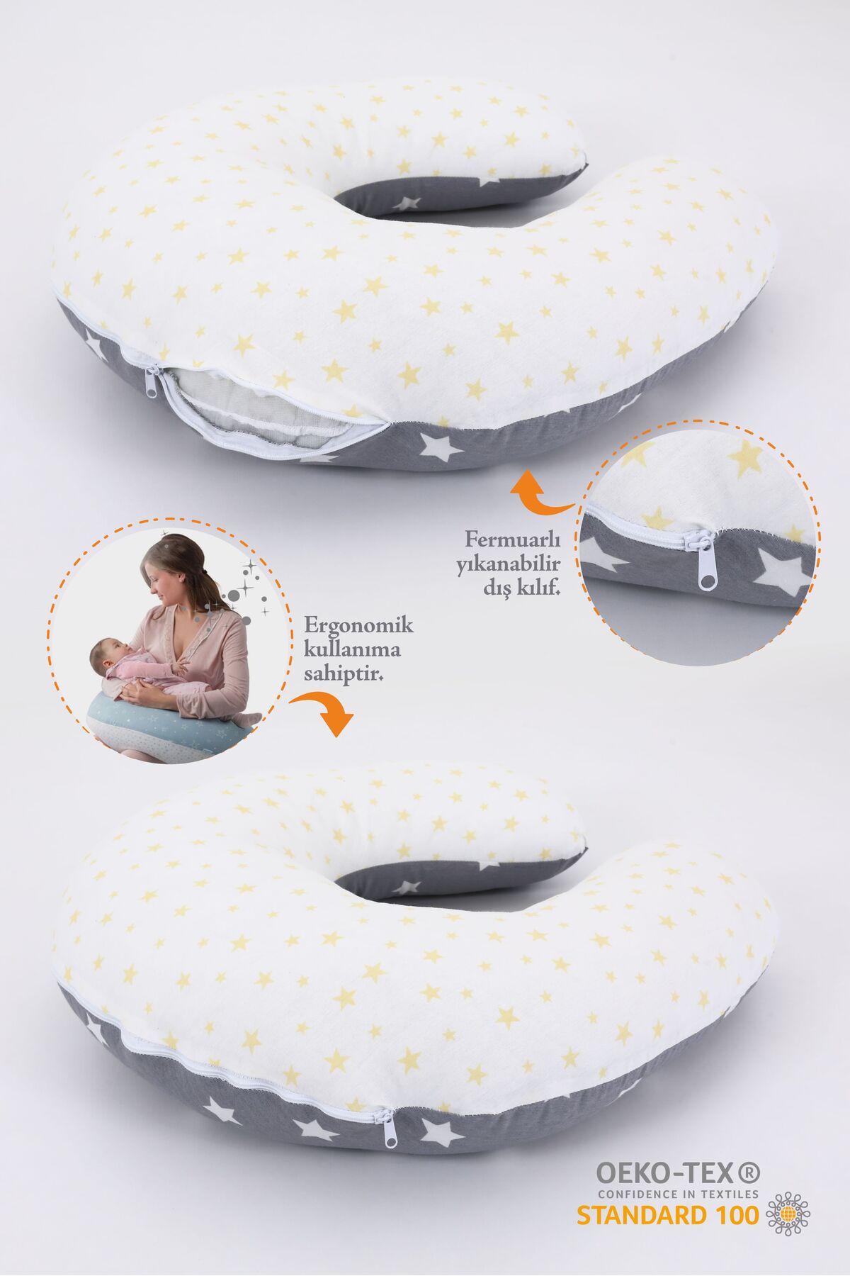 Umaybebek Emzirme Yastığı Minderi, Pamuk Kumaş - Koyu Gri Sarı fotoğrafı 2 (önizleme)