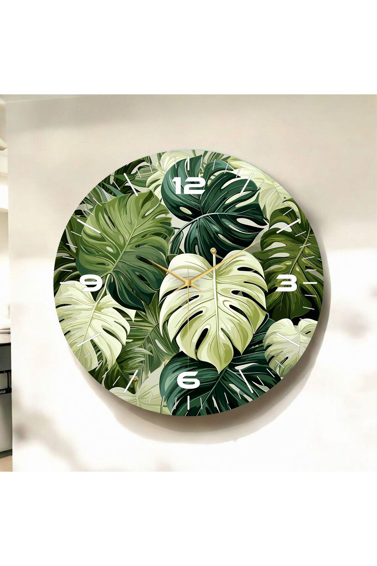 AA Shop Renkli Baskı Yaprak Bitki Desenli Sayılı Hediyelik Ahşap Sessiz Duvar Saati 50cm