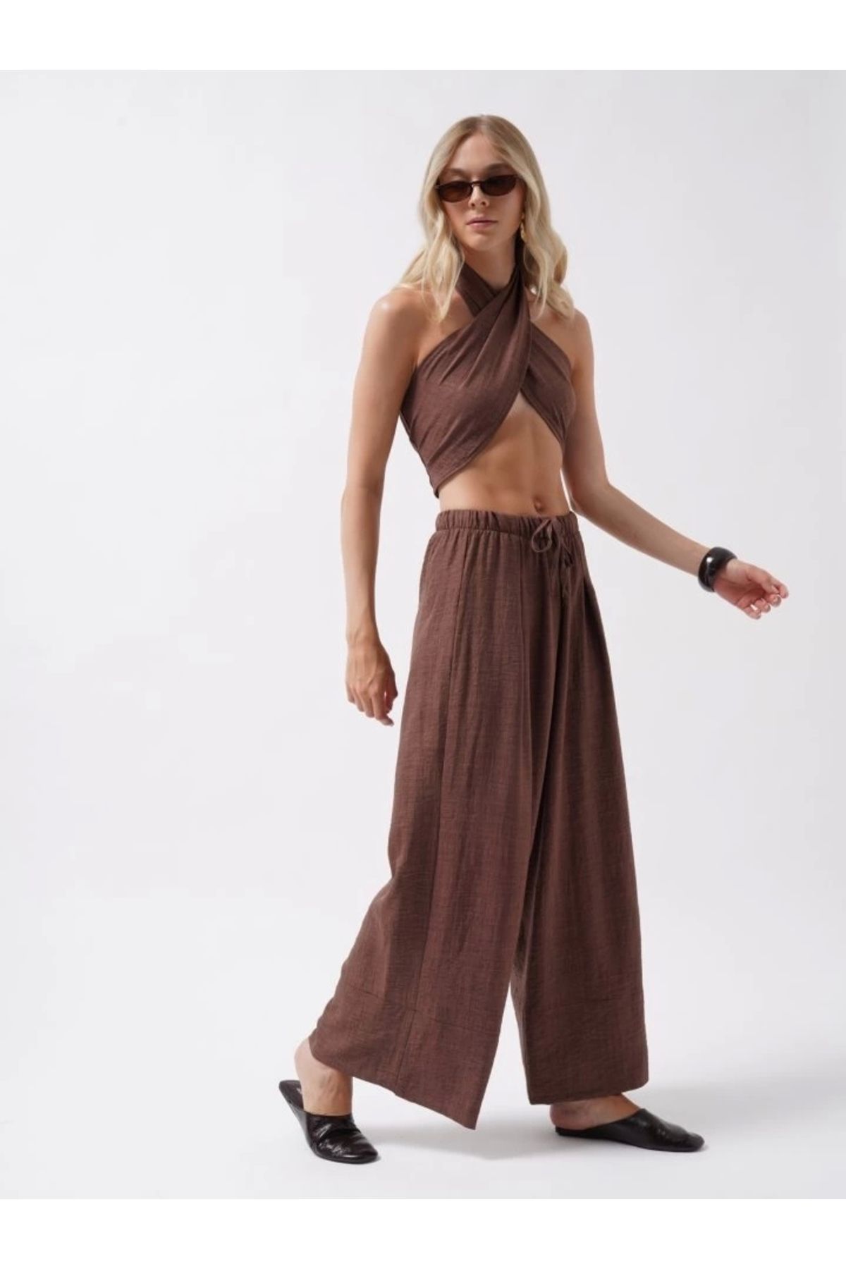 Butik Düşük Bel Oversize Keten Pantolon