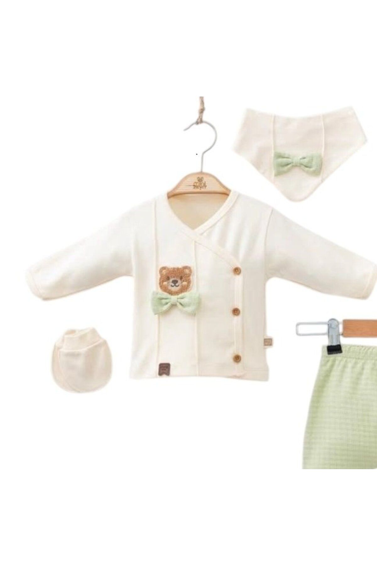 bipamuk %100 Natural Pamuk Ayıcık Nakışlı 5’li Erkek Bebek Zıbın Takımı 1-3 Ay Yumuşak & Hediyelik Set