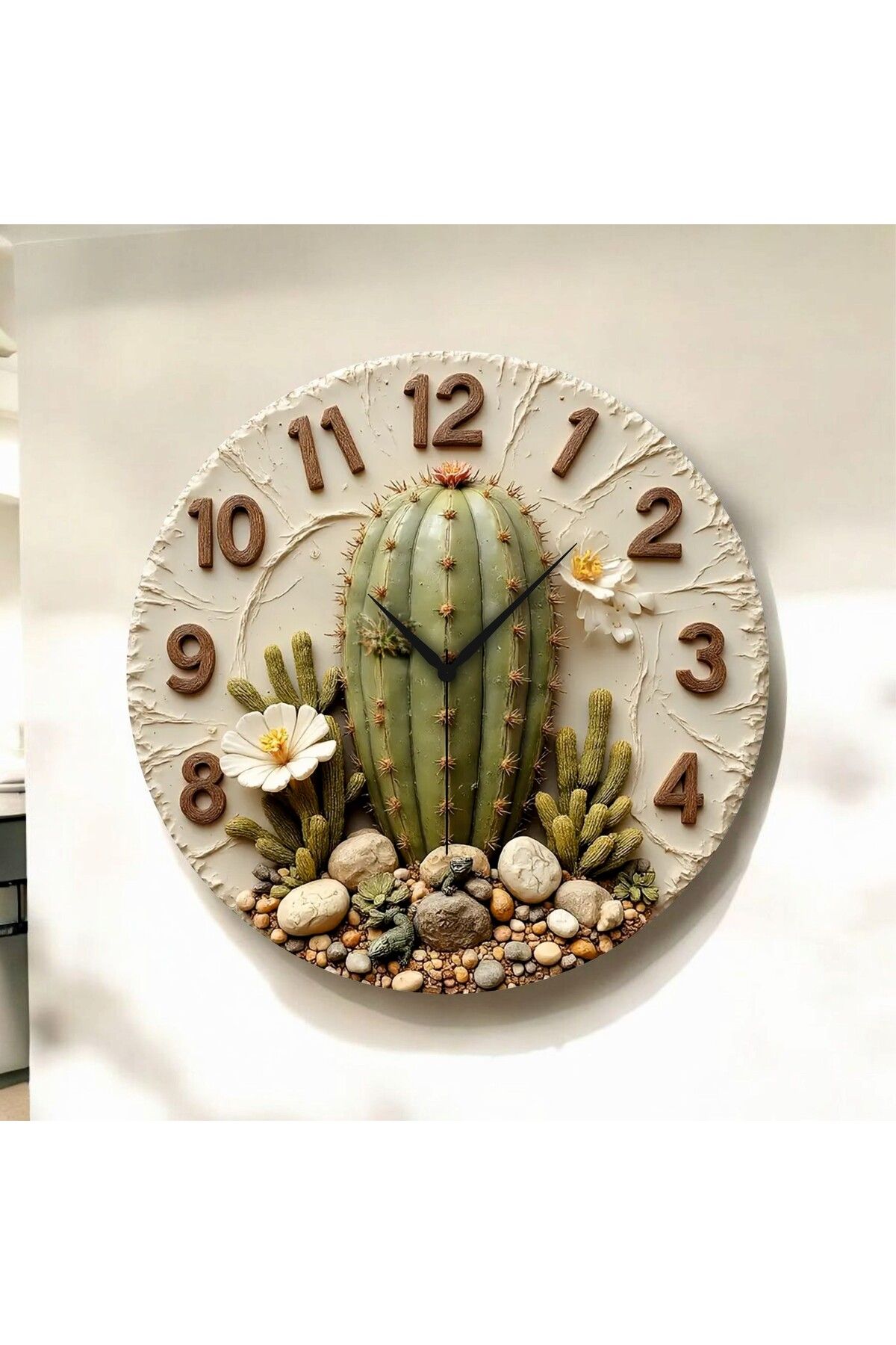 AA Shop Renkli Baskı Kaktüs Bitki Desenli Sayılı Hediyelik Ahşap Sessiz Duvar Saati 50cm