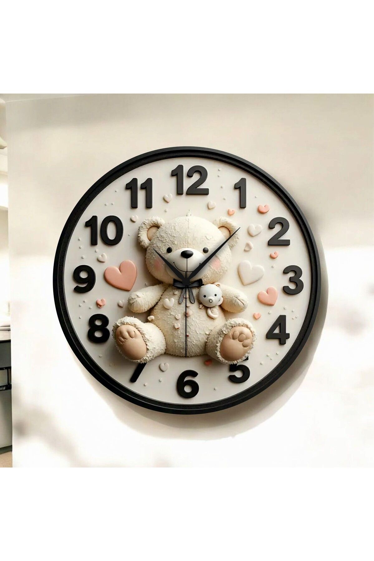 AA Shop Renkli Baskı Ayıcık Çocuk Desenli Sayılı Hediyelik Ahşap Sessiz Duvar Saati 50cm
