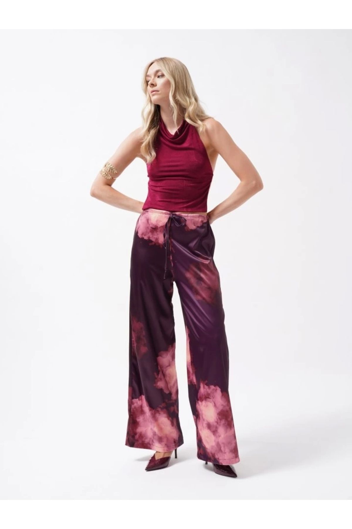 Butik Bel Lastikli Desenli Saten Pantolon