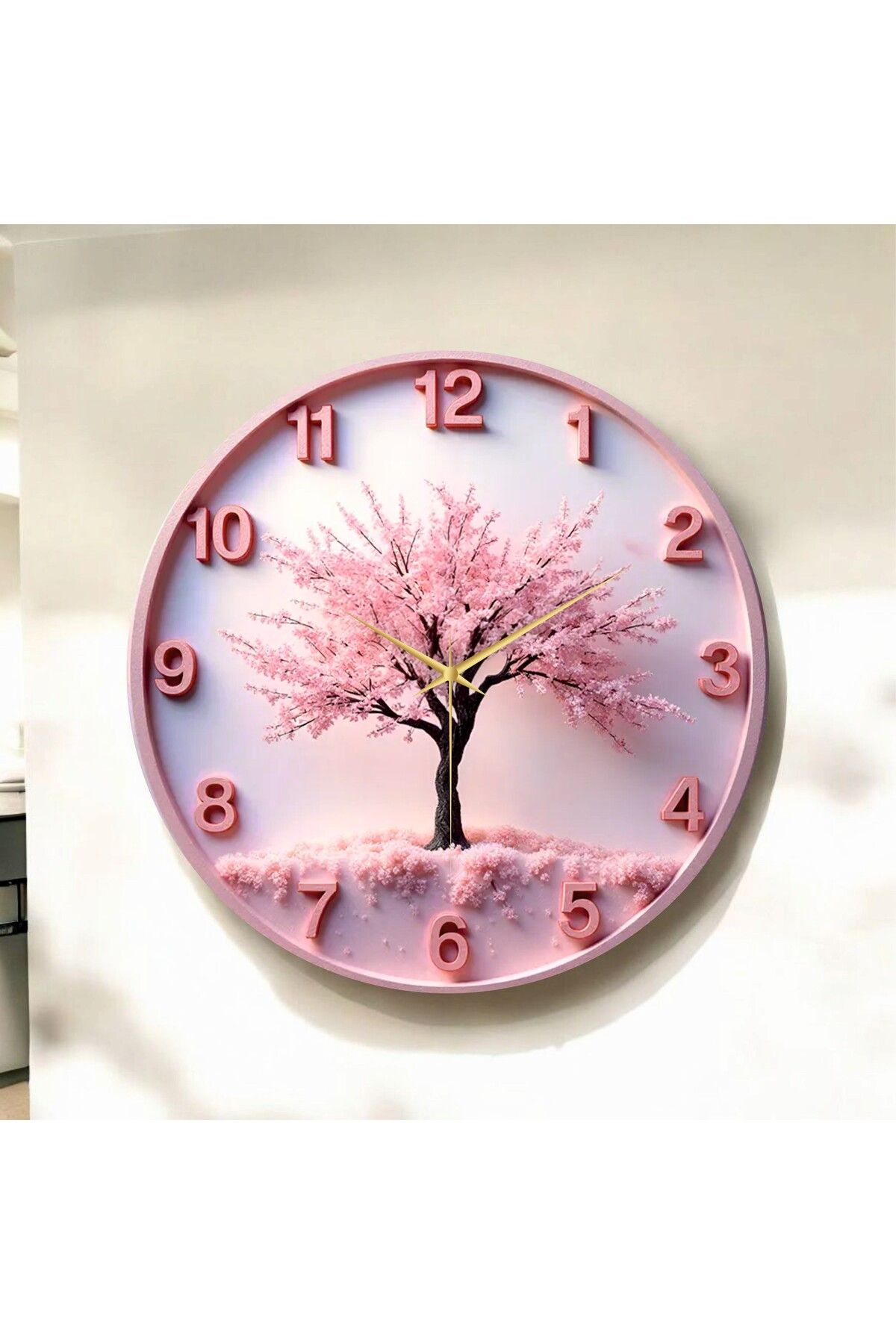 AA Shop Pembe Renkli Baskı Ağaç Doğa Desenli Sayılı Hediyelik Ahşap Sessiz Duvar Saati 50cm