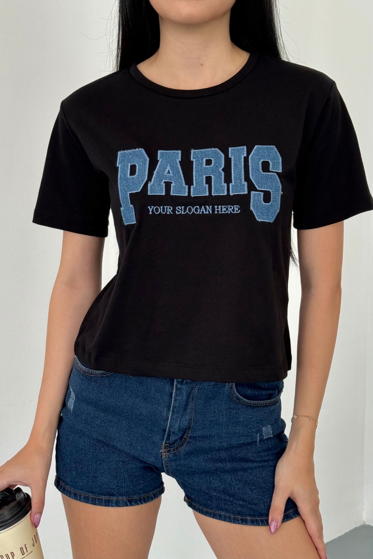 alanora Kadın Paris Baskılı Pamuklu Likralı Bisiklet Yaka Crop