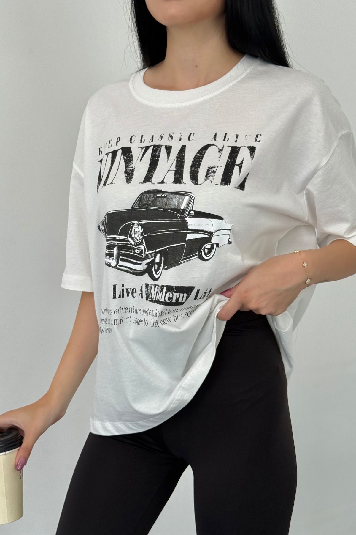 alanora Kadın Vintage Baskılı Oversize Unisex T-Shirt