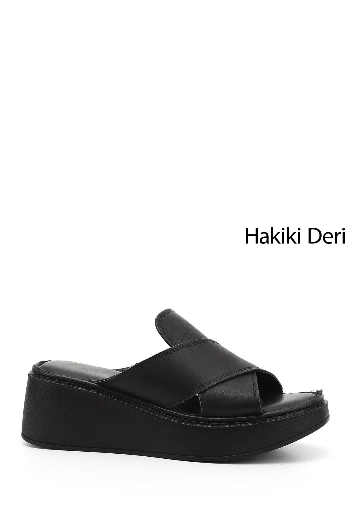 GÖNDERİ(R) Kadın / Kız Siyah Dolgu Taban Hakiki Deri Terlik