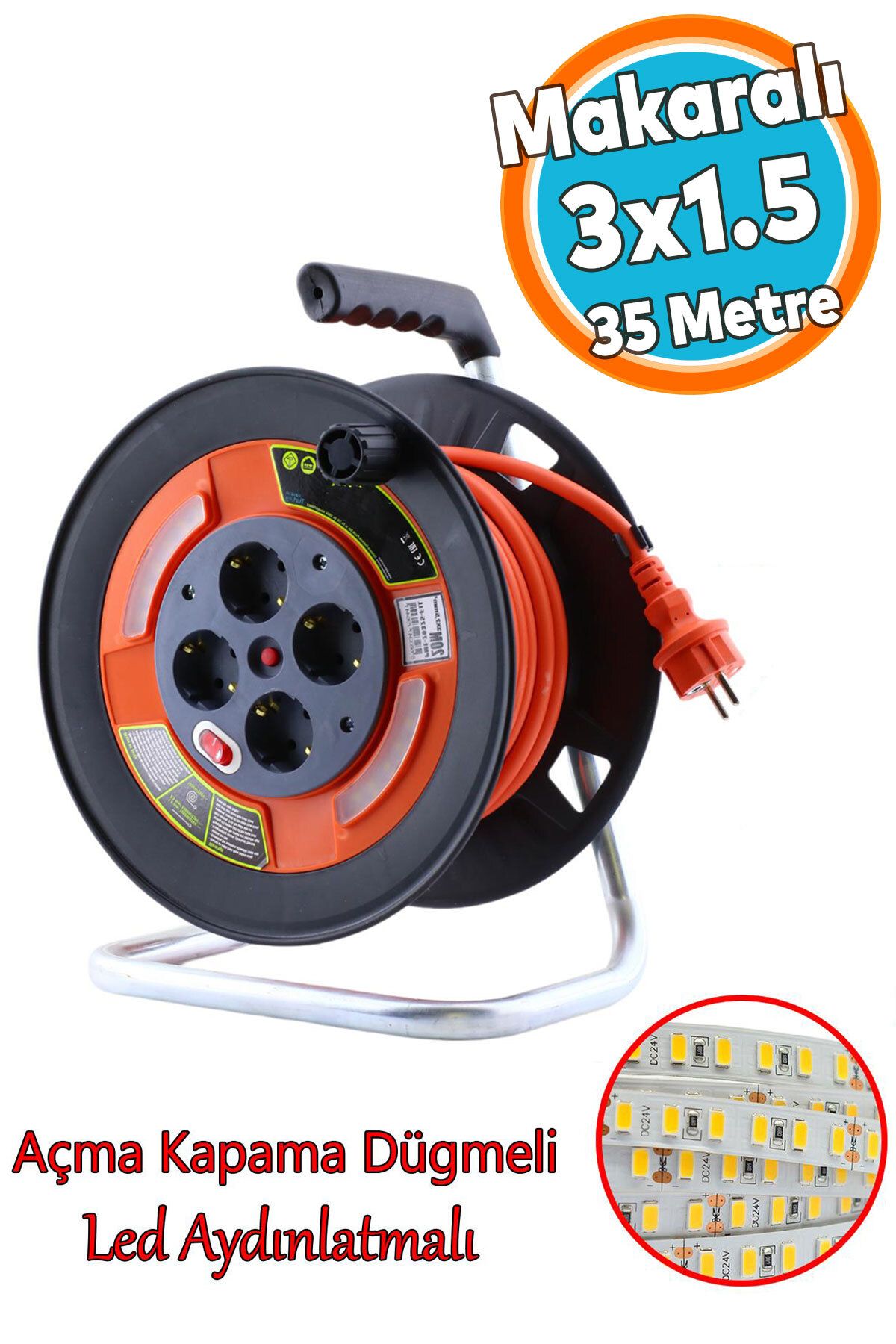 NZB Plastik Makaralı 35 Metre Seyyar CCA Kablo 4 Prizli Monofaze Uzatma Kablosu 3x1.5 mm TTR Kablo