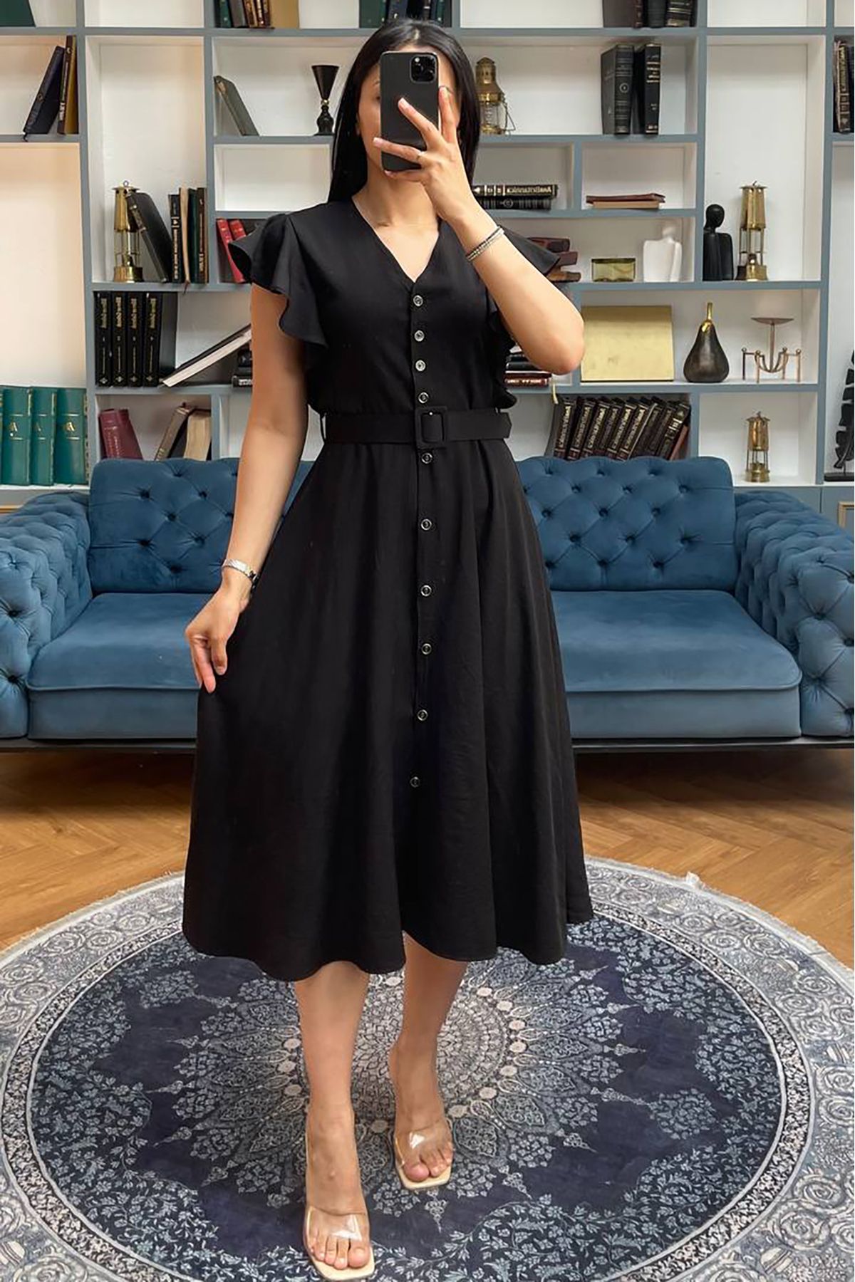 Neşeli Butik kadın siyah fırfır detaylı midi elbise NBMY3739