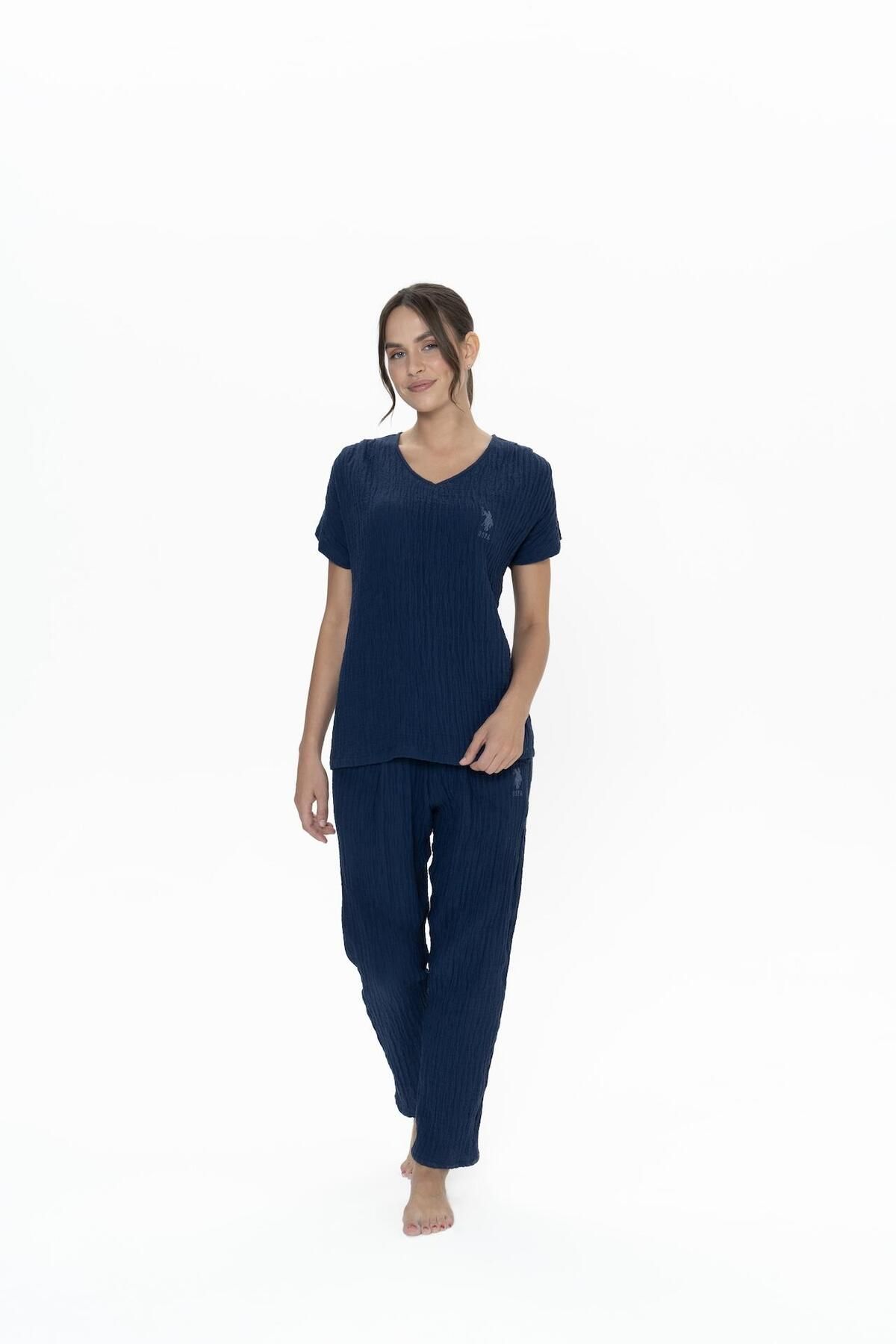 U.S. Polo Assn. Us Polo %100 Pamuk, Müslin Kumaş, Geniş V Yaka Yazlık Kadın Pijama Takım