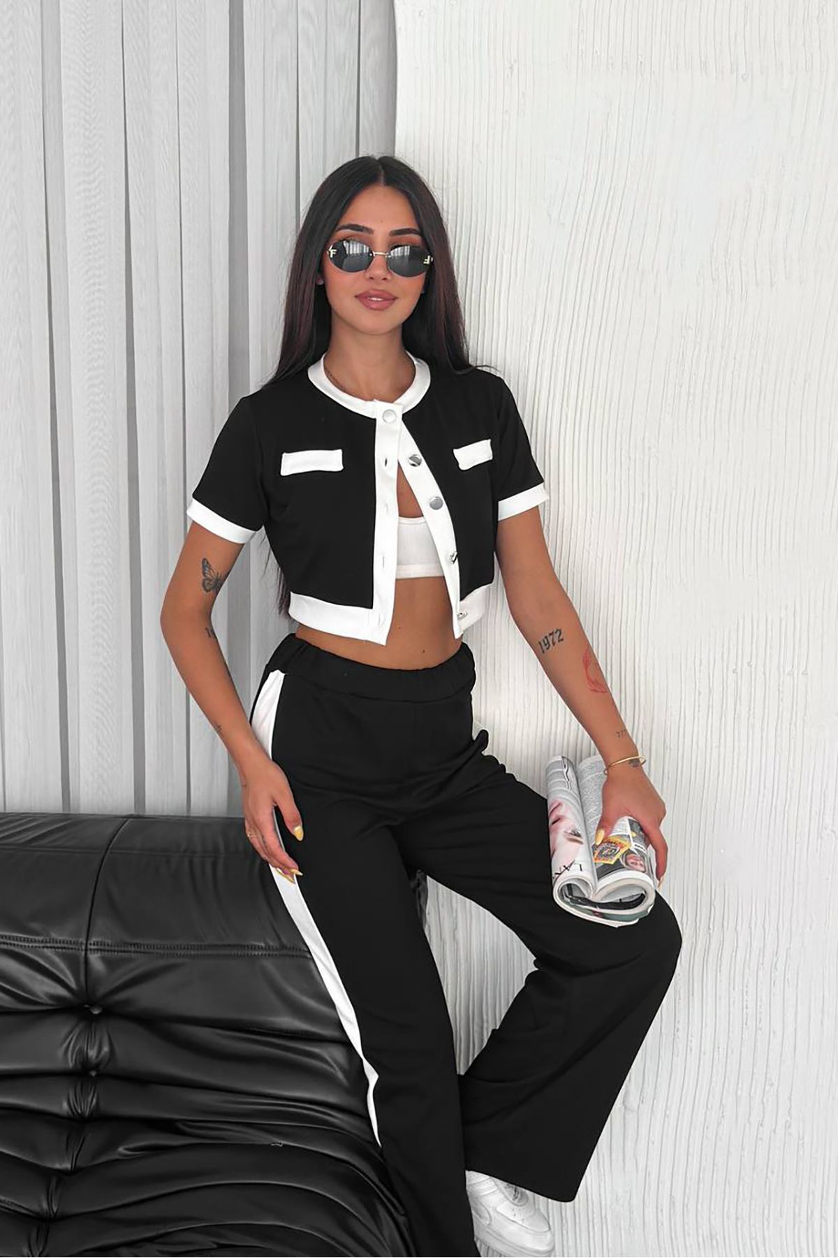 Neşeli Butik kadın siyah şerit detaylı ikili spor takım NBTG103