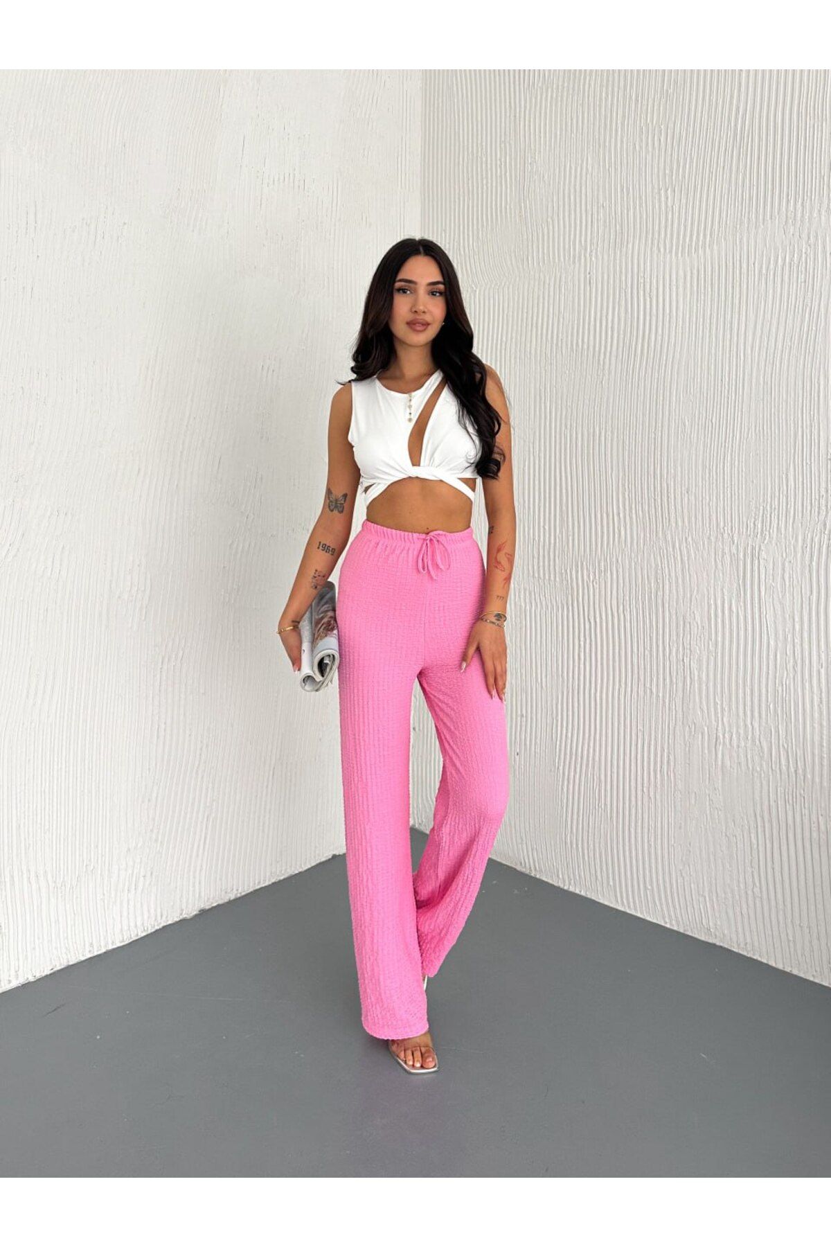 Giyimsel GOFRE BUBBLE LİKRALI BELİ İPLİ LASTİKLİ KADIN PANTOLON