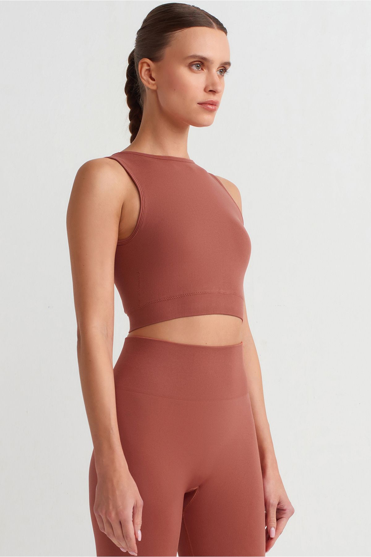 COMEUP-Rib Textured Back Cross Crop Top with Chest Pad Clay Red 3