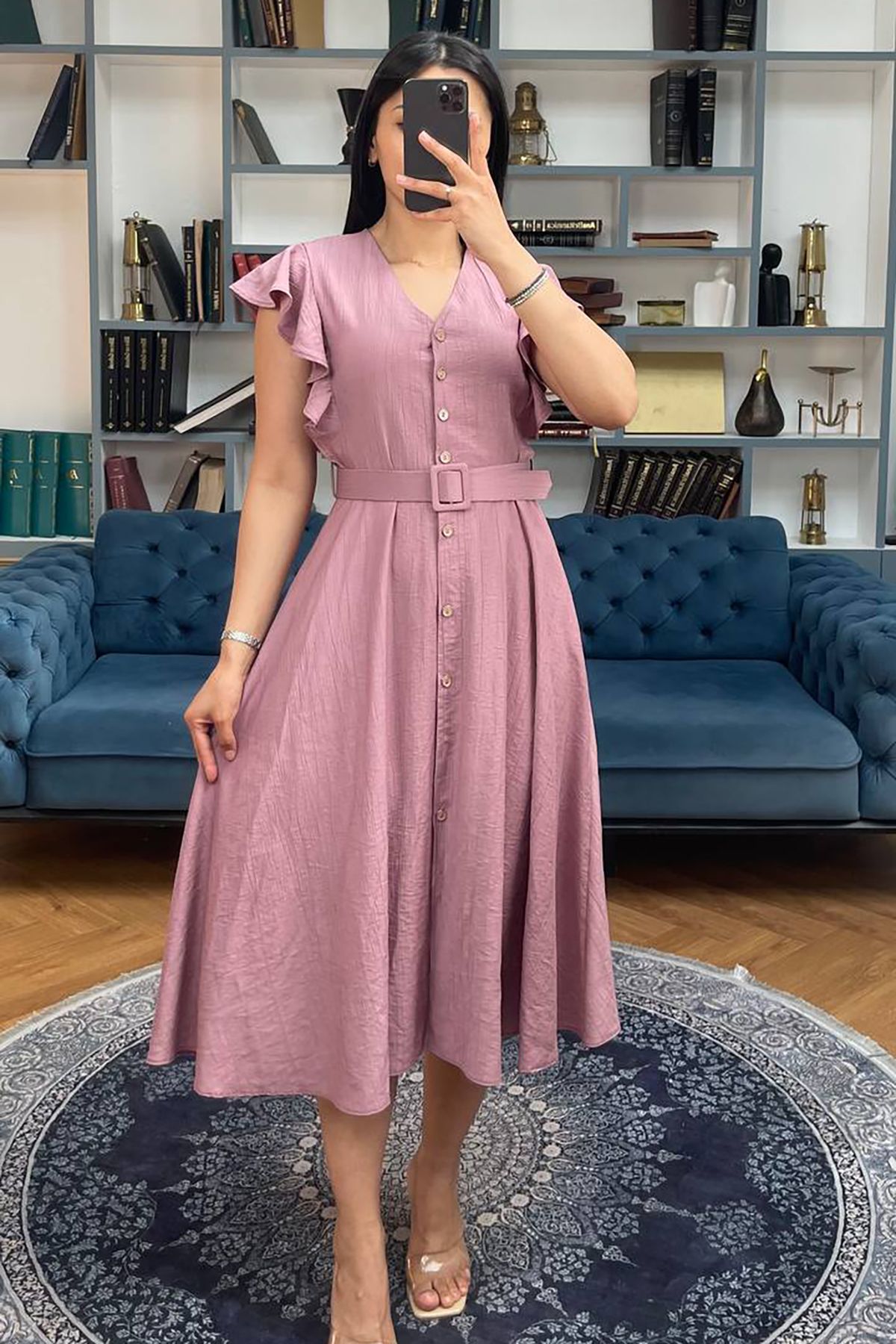 Neşeli Butik kadın gül kurusu fırfır detaylı midi elbise NBMY3739
