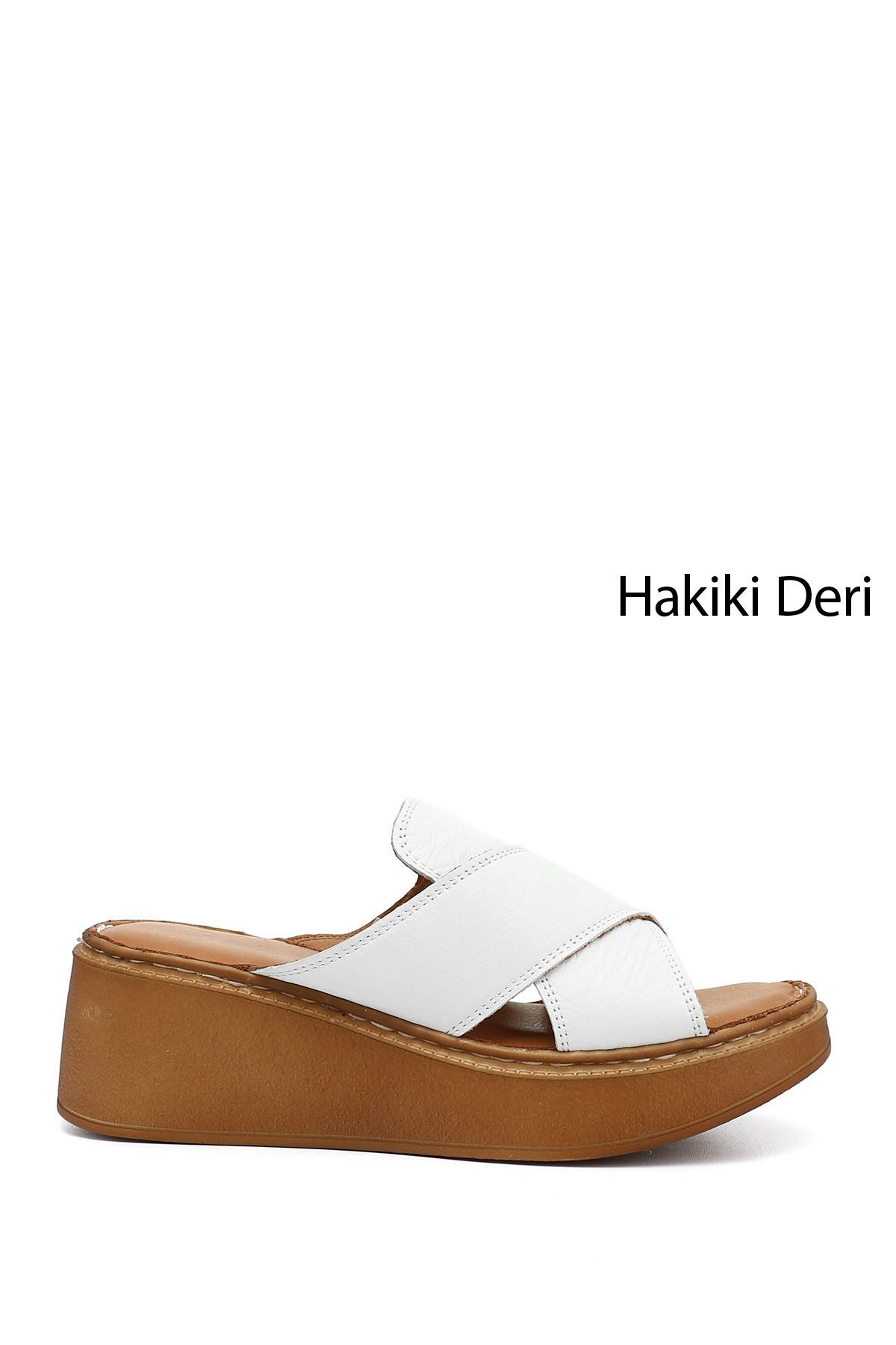 GÖNDERİ(R) Kadın / Kız Beyaz Dolgu Taban Hakiki Deri Terlik