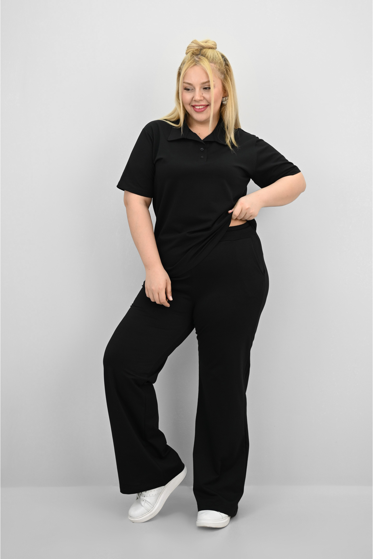 Koza Butik-Women's Plus Size Short Sleeve Polo Neck Tracksuit Set 8188-25 3
