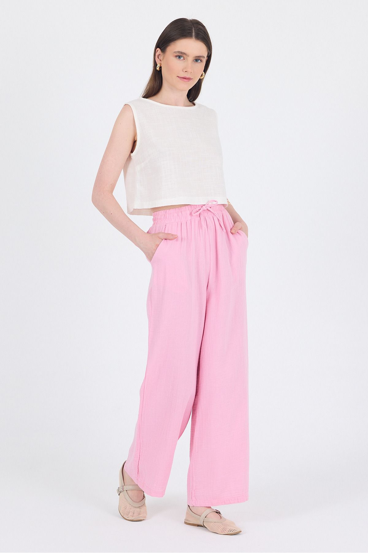 Rays Pembe %100 Pamuk Müslin Palazzo/Bol Paça Pantolon 8056A