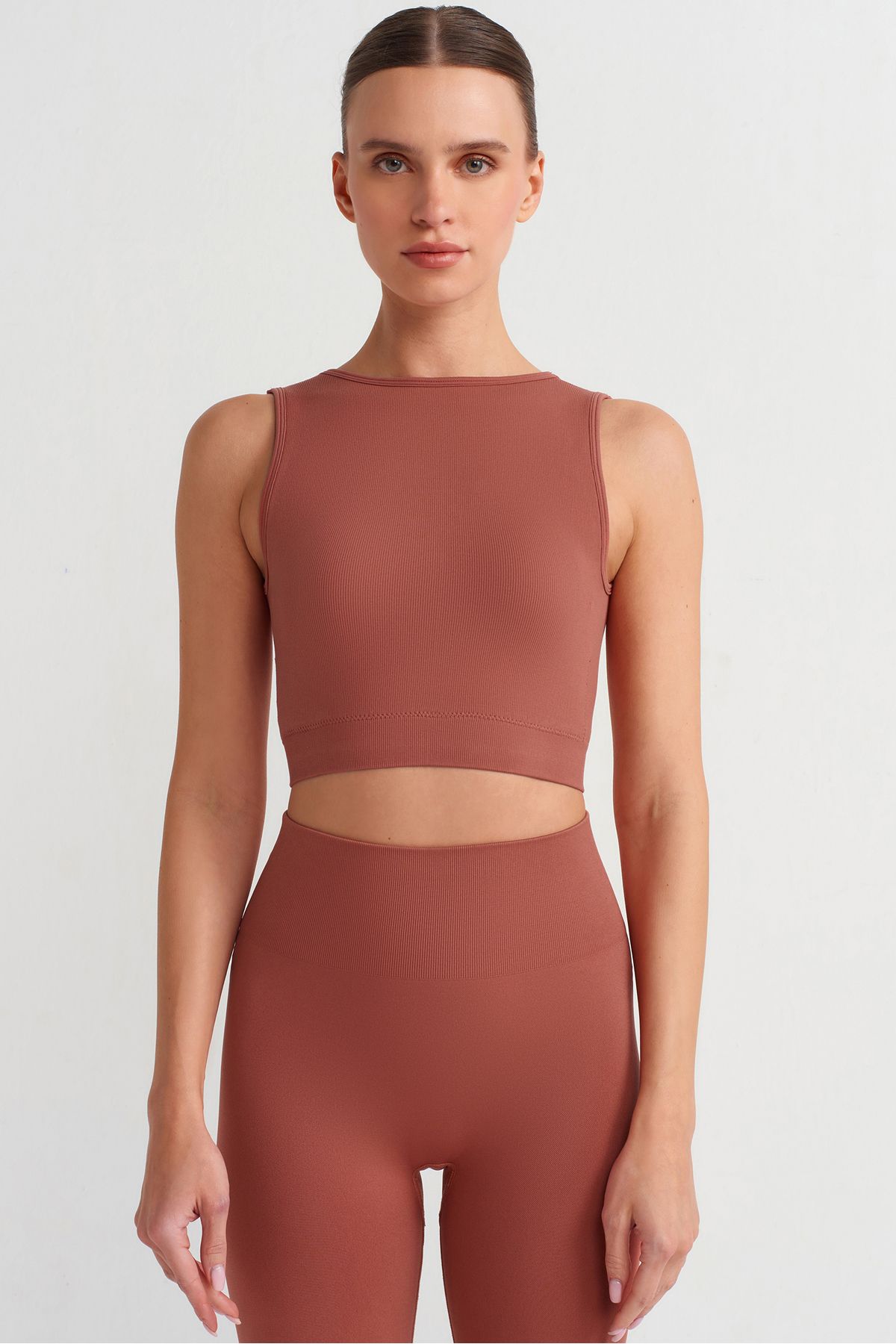 COMEUP-Rib Textured Back Cross Crop Top with Chest Pad Clay Red 5