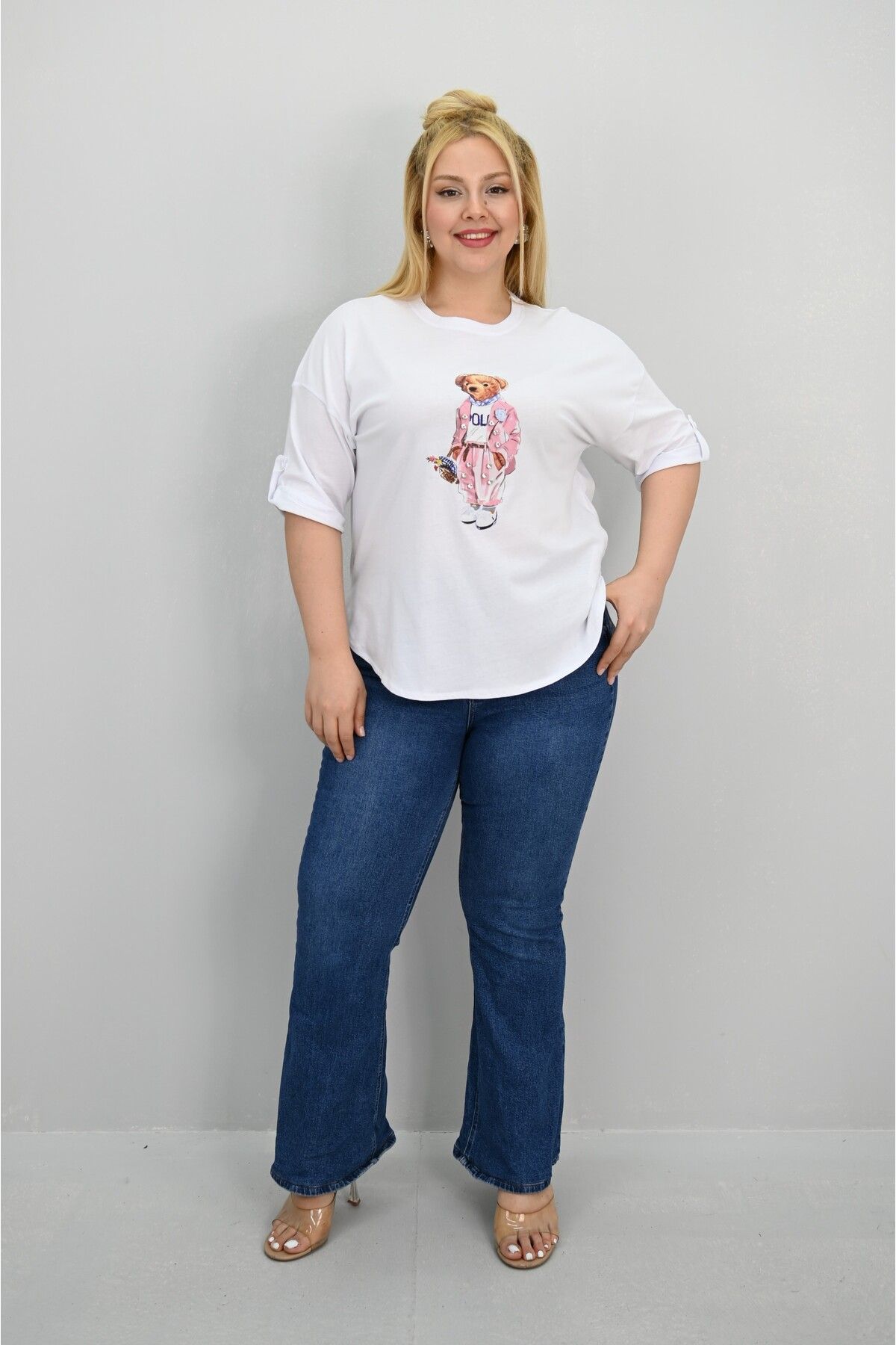 Koza Butik Kadın Büyük Beden Kısa Kollu Taş Detaylı Ayı Baskılı Oversize T-shirt 1926-25