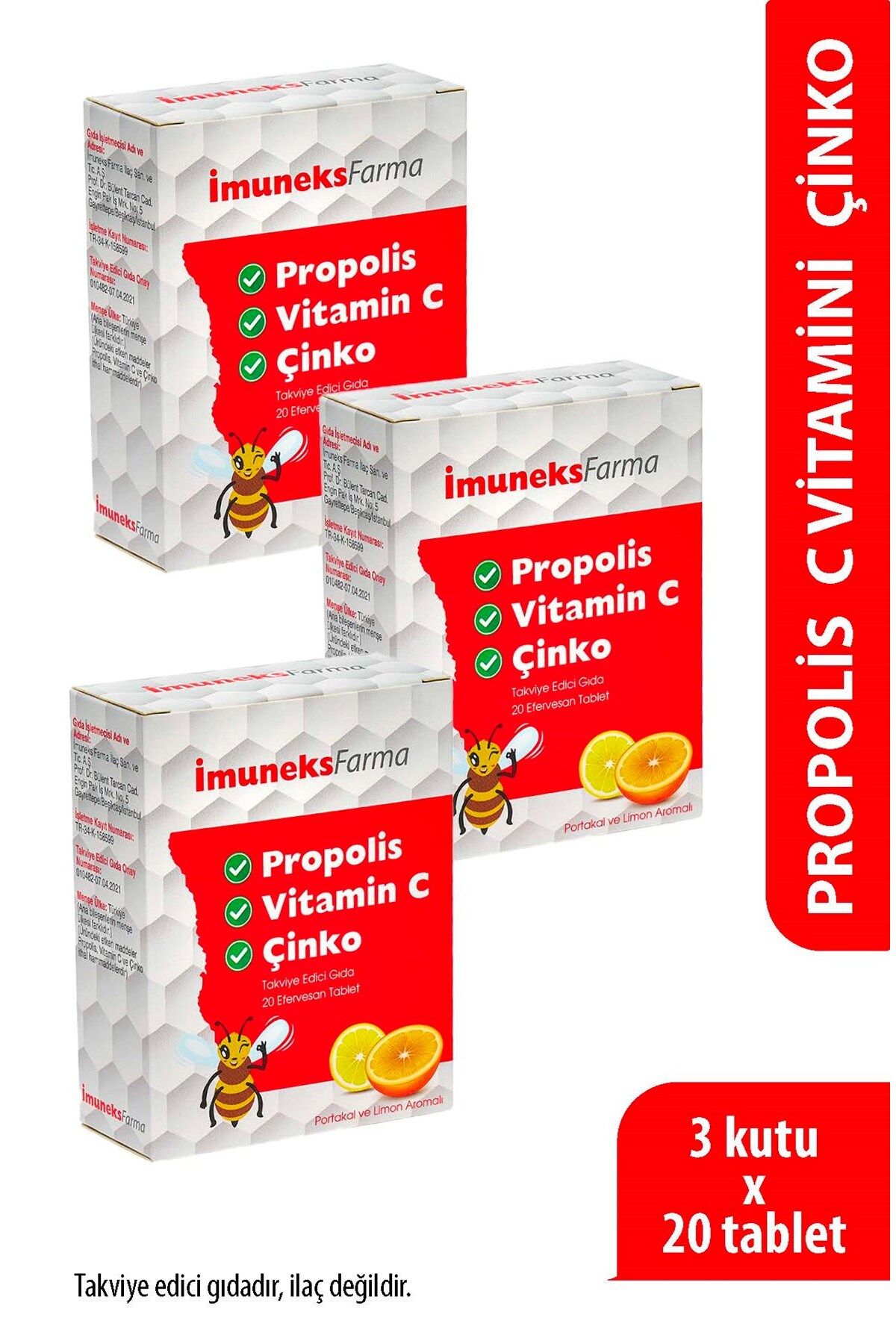 Imuneks Farma Propolis, Vitamin C, Çinko İçeren Takviye Edici Gıda 20 Efervesan Tablet x 3 Adet X 3 Adet