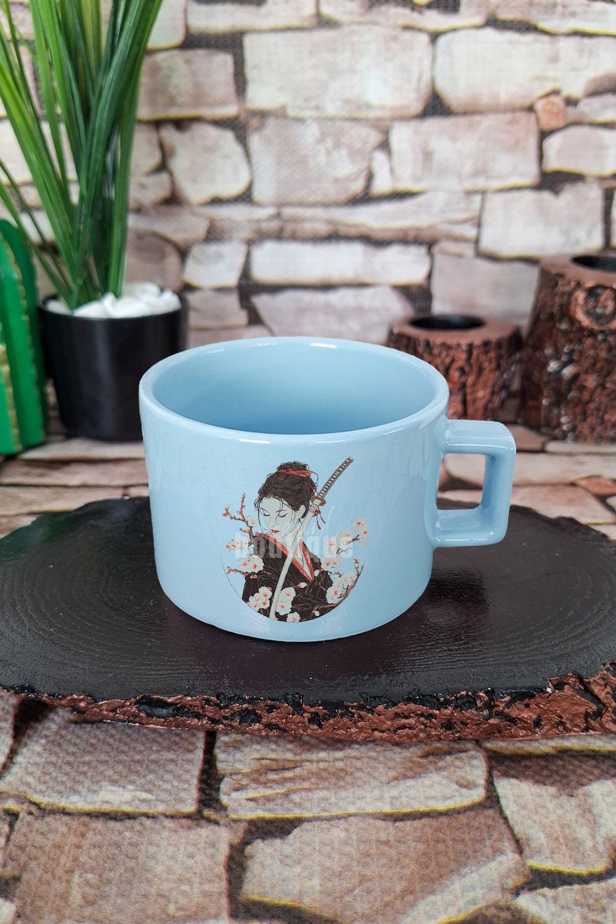 qoeuyl boutique Samuray Kızı 3 Baskılı Japon Manga Kızı Samuray Figürü Kare Kulplu Fincan Mavi Kupa Bardak