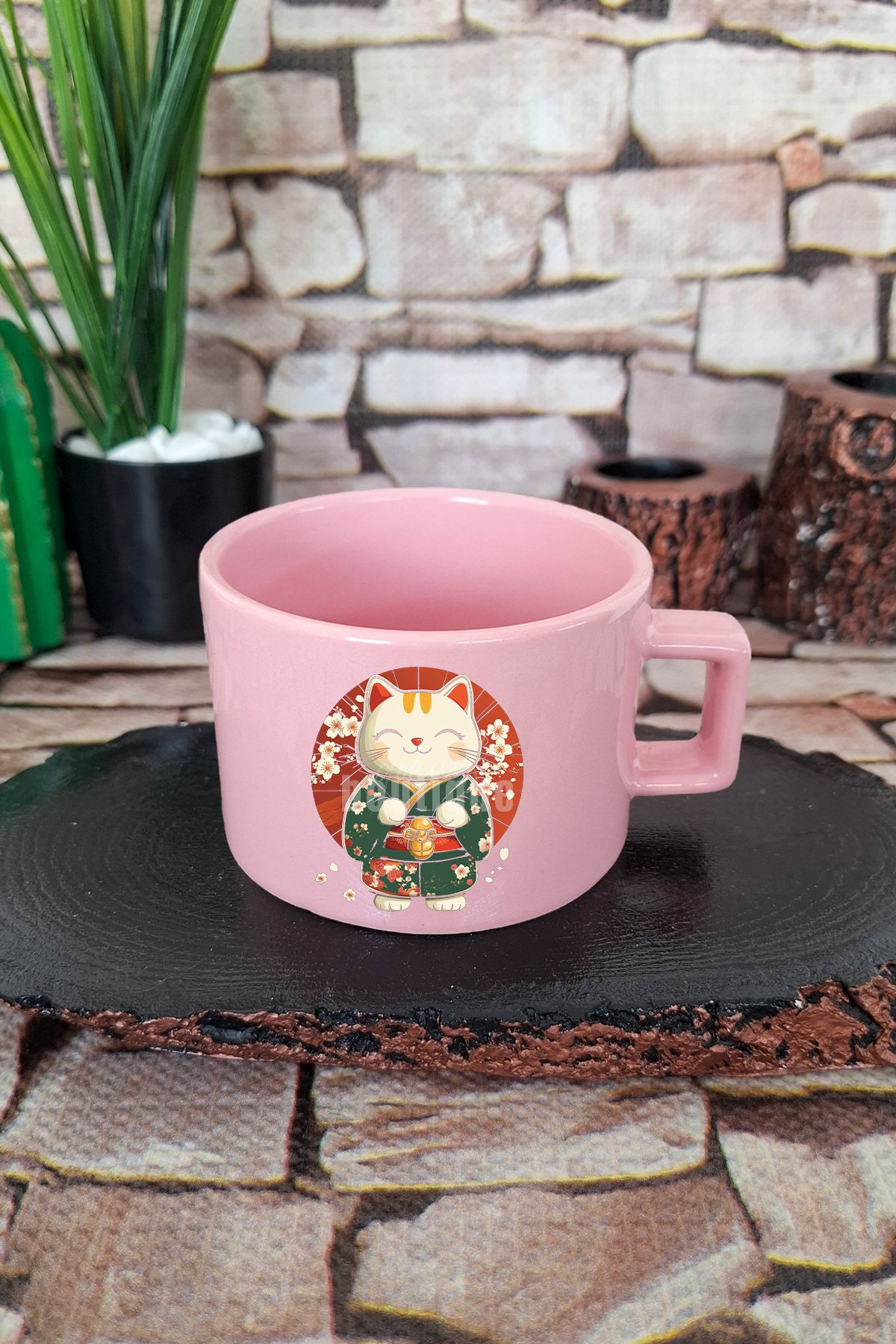 qoeuyl boutique Sevimli Japon Kedi Baskılı Kawaii Anime Manga Figürü Kare Kulplu Fincan Pembe Kupa Bardak