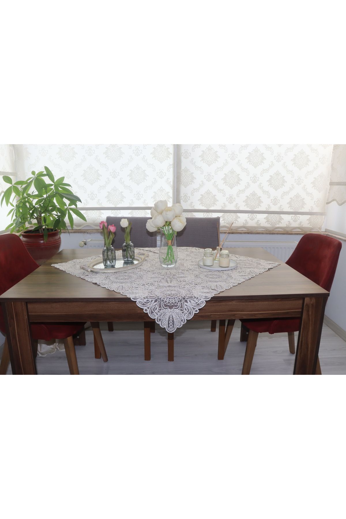 SNMHOME Lüks tasarım gümüş simli beyaz DANTEL fiskos ve masa örtüsü (95x95)