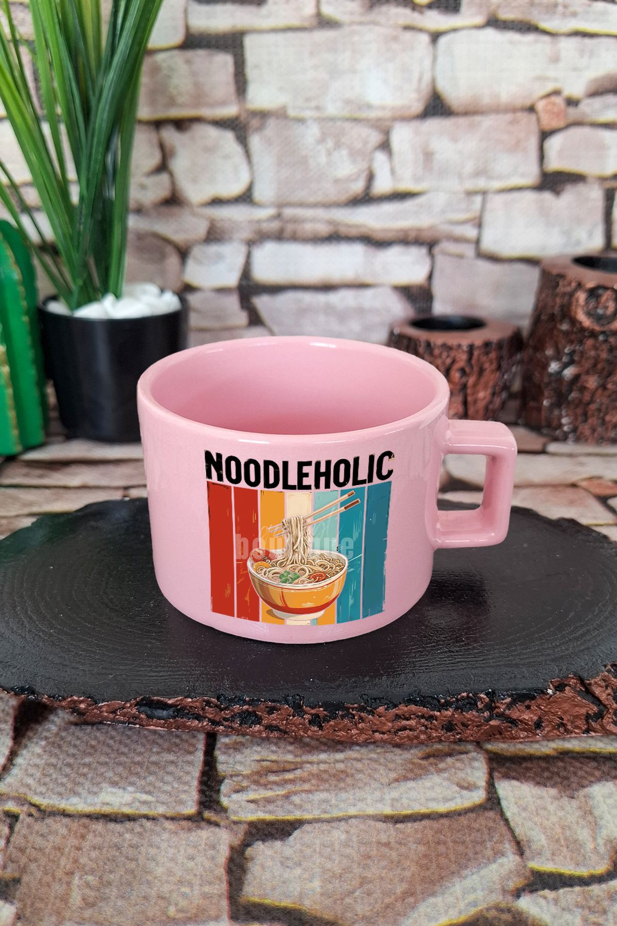 qoeuyl boutique Noodleholic Baskılı Ramen Aşığı Japon Mutfağı Anime Kare Kulplu Fincan Pembe Kupa Bardak
