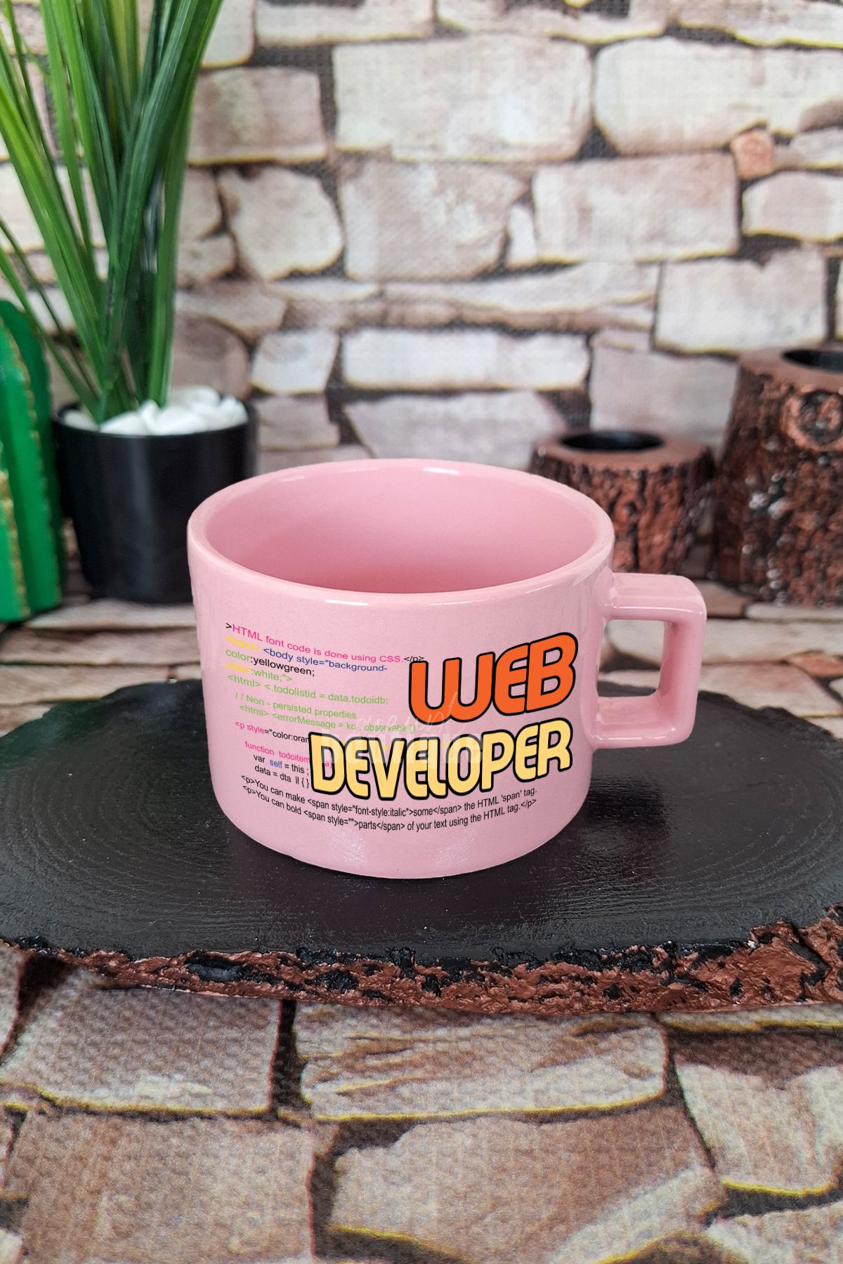 qoeuyl boutique Web Developer Baskılı Web Geliştirici Yazılımcı Kare Kulplu Fincan Pembe Kupa Bardak